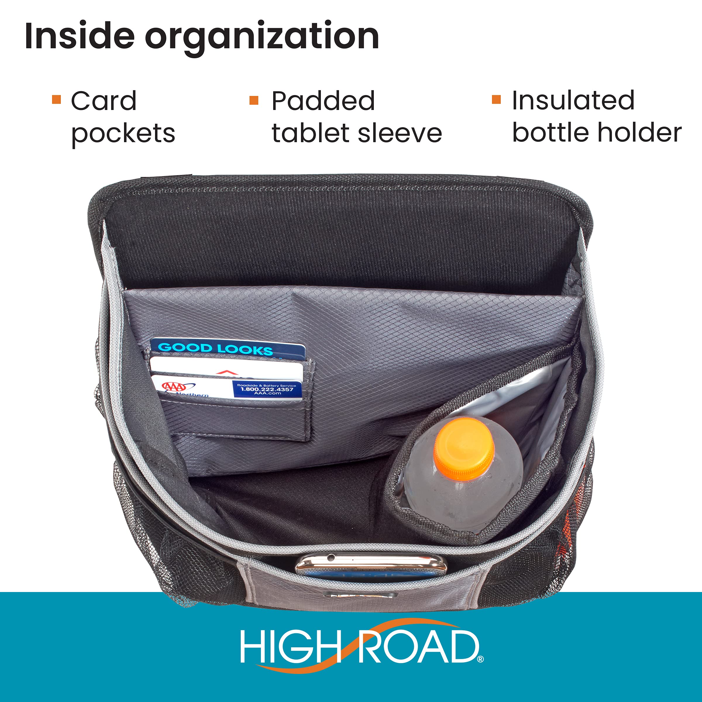 High Road DriverStash Car Front Seat Organizer - Insulated Cup Holder, Padded Tablet Compartment, Black, Model HR-5584-BLK