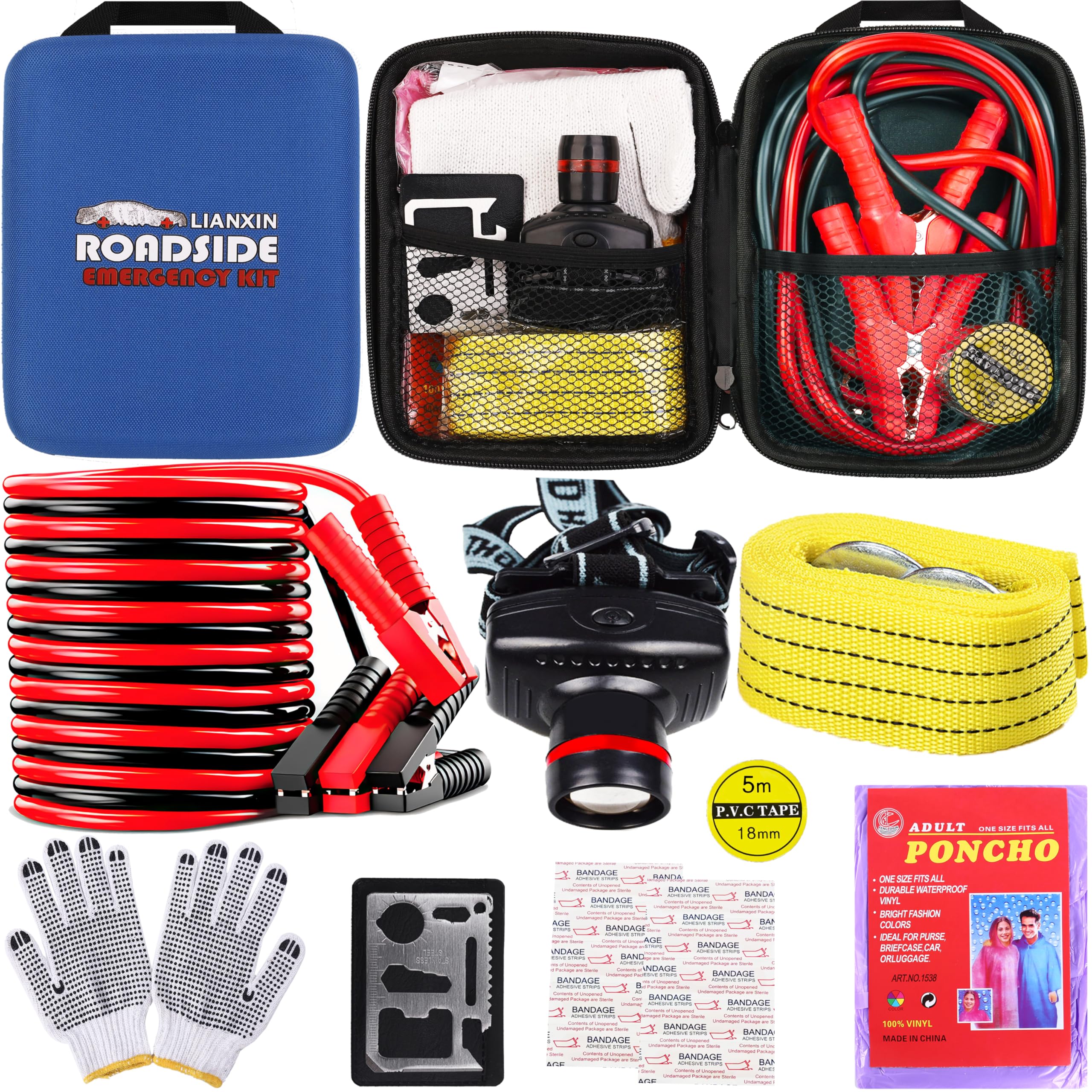 Lianxin Car Roadside Emergency Kit, With Jumper Cables Automotive Kit,Car Safety Roadside Assistance Kit Headlamp,Tow Straps, Mu