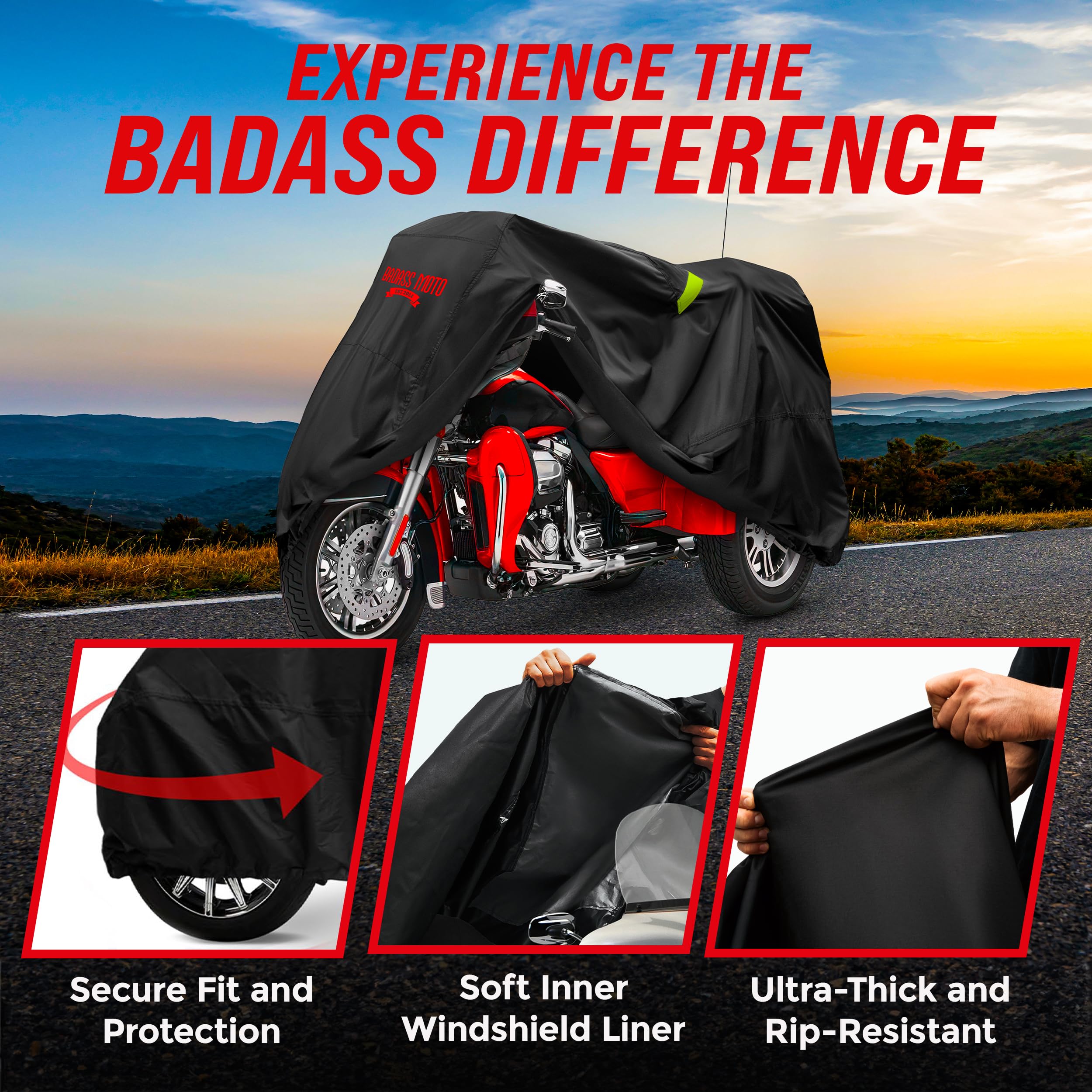 Badass Moto Waterproof Trike Cover for Harley Davidson, Polyester, Black, Fits Tri Glide, Taped Seams, Windshield Liner, Vents