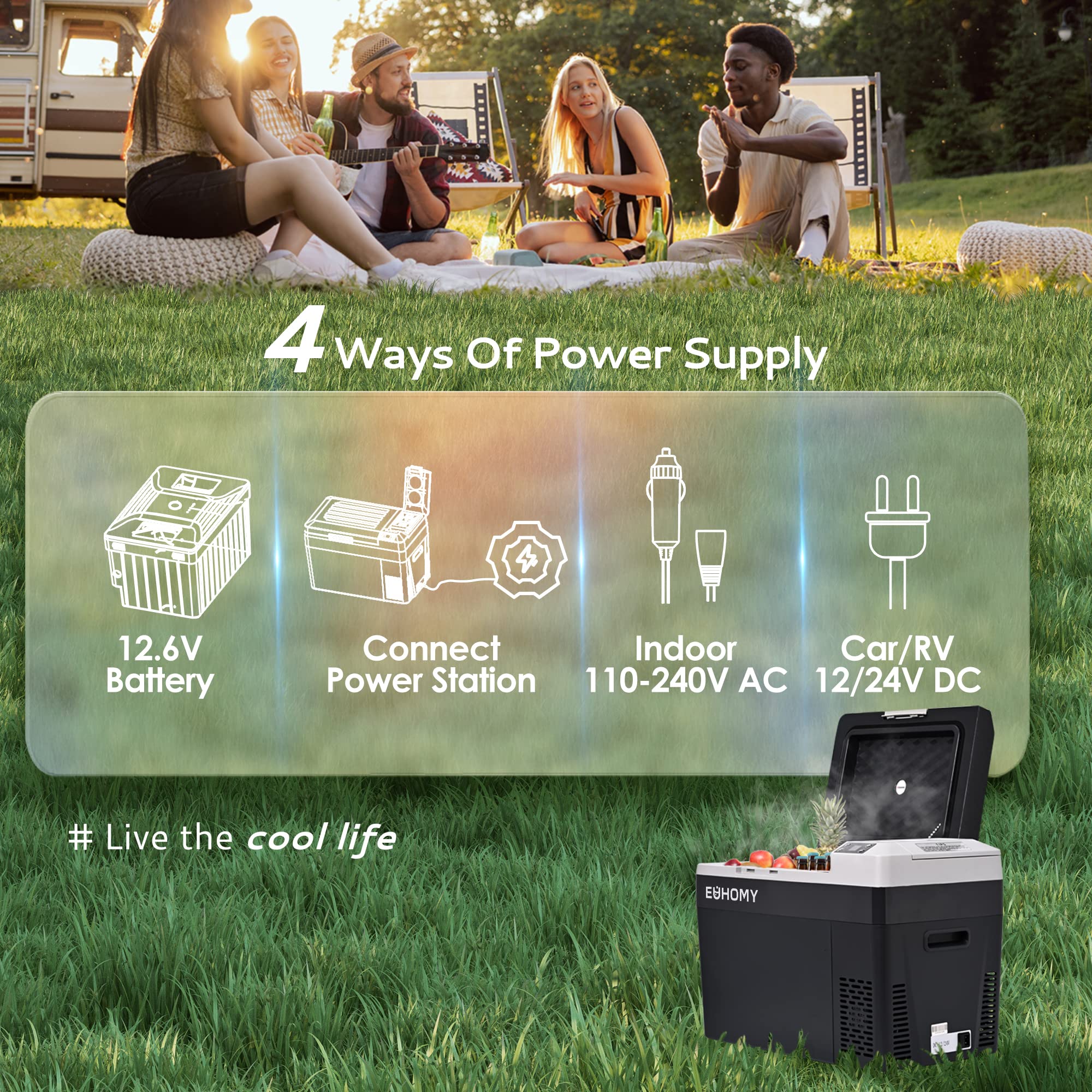 EUHOMY 12V Portable Refrigerator, 32QT Car Fridge, APP Control, Black, J30 Model, Ideal for Camping and Travel