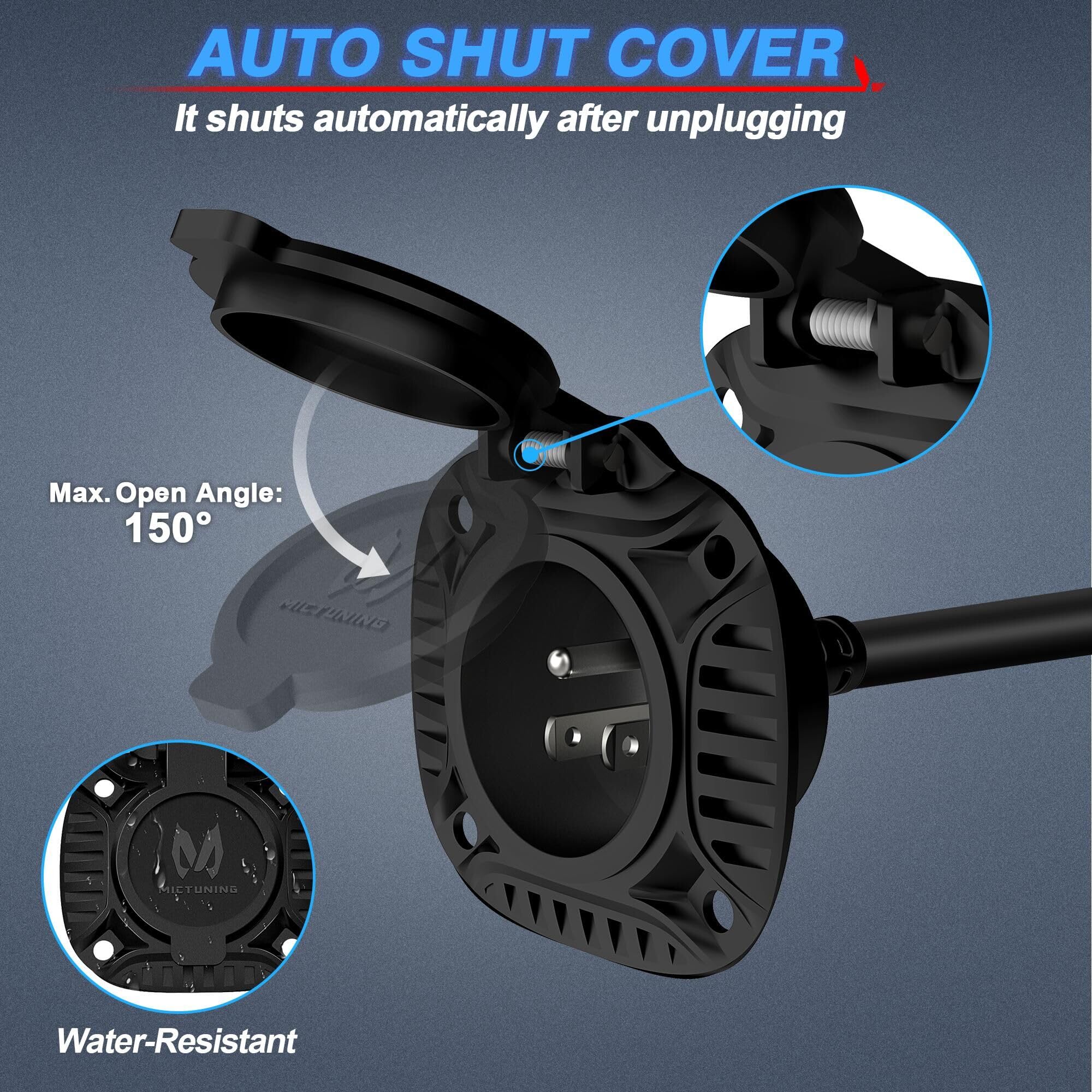 Mictuning 15Amp 125V Ac Port Plug With Heavy Duty Integrated 20'' Extension Cord And Water-Resistant Spring-Loaded Cover - Black