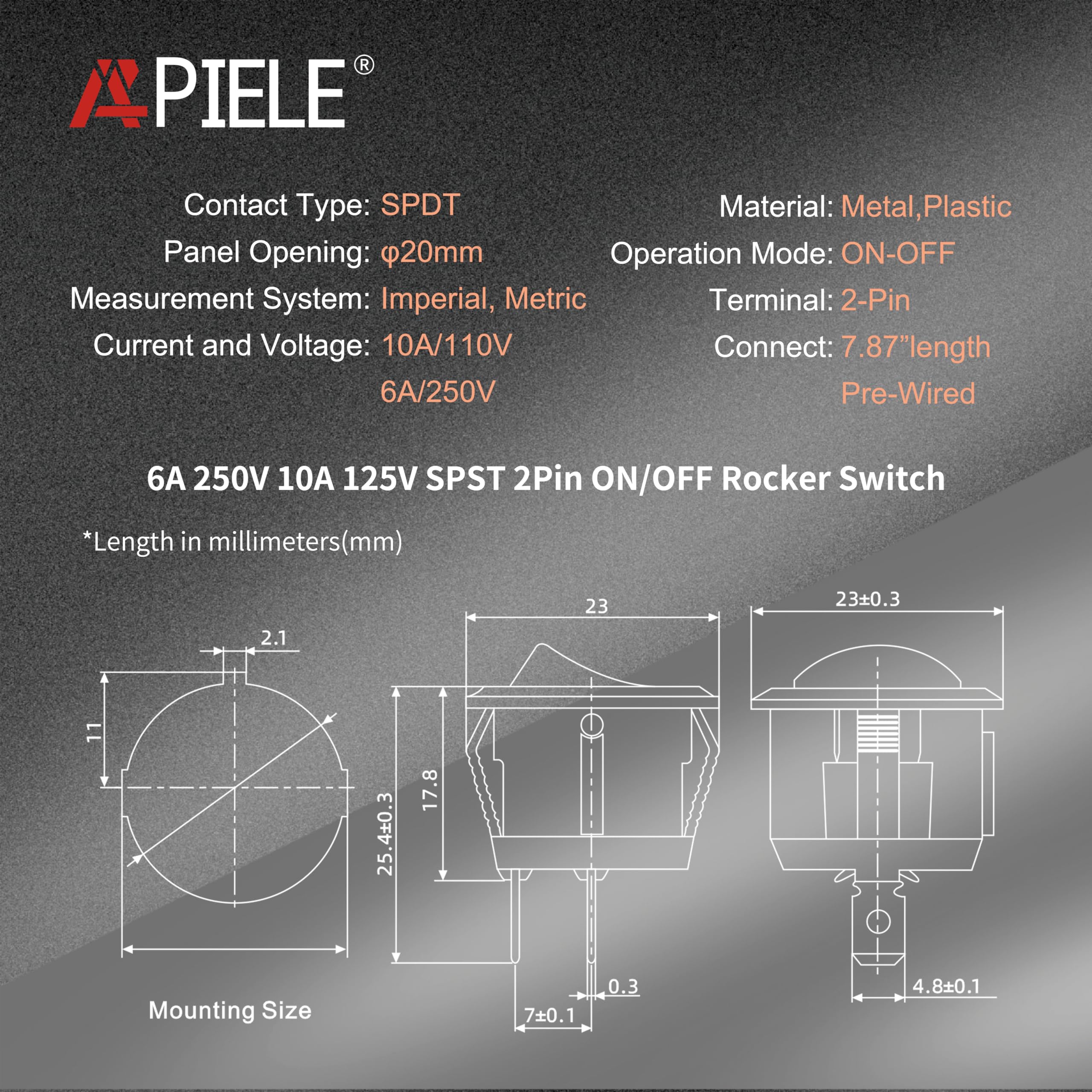 APIELE KCD1 Mini Round Rocker Switch 5Pcs SPST 2Pin Snap-in Design Black for Car Boat AC 6A/250V 10A/125V