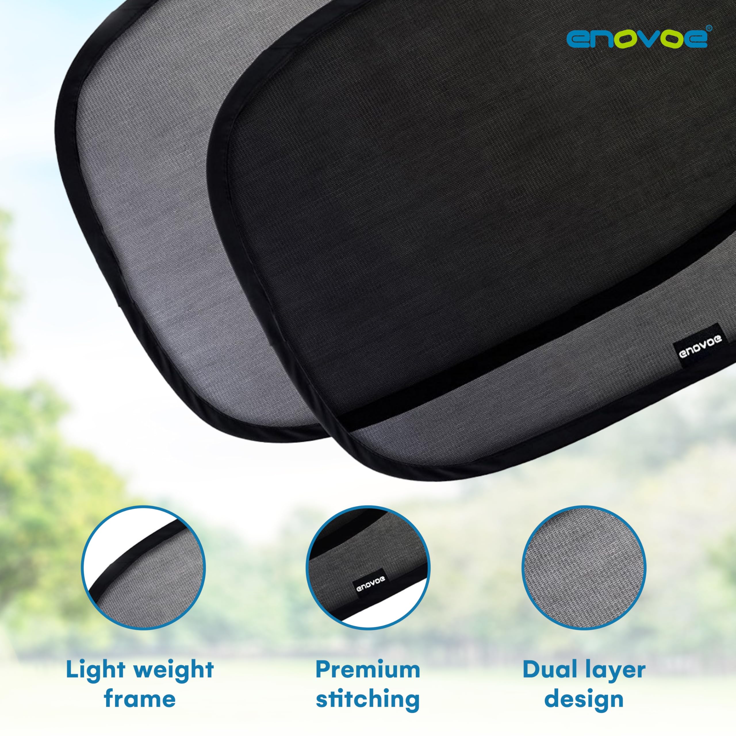 Enovoe Car Window Shade - 2 Pack, 19"x12", Black Fabric, UV Protection for Kids, Easy to Install