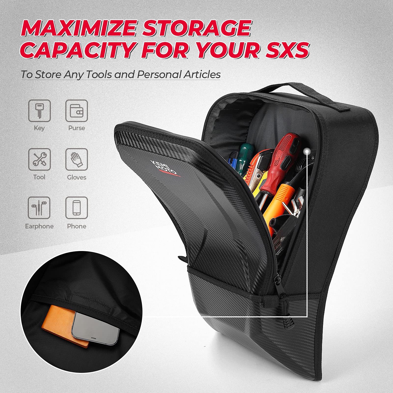 KEMIMOTO X3 Storage Bags - Upgraded Center Console Box for Can Am Maverick X3 MAX - One Size - Black - Model UTV0113-04101BK