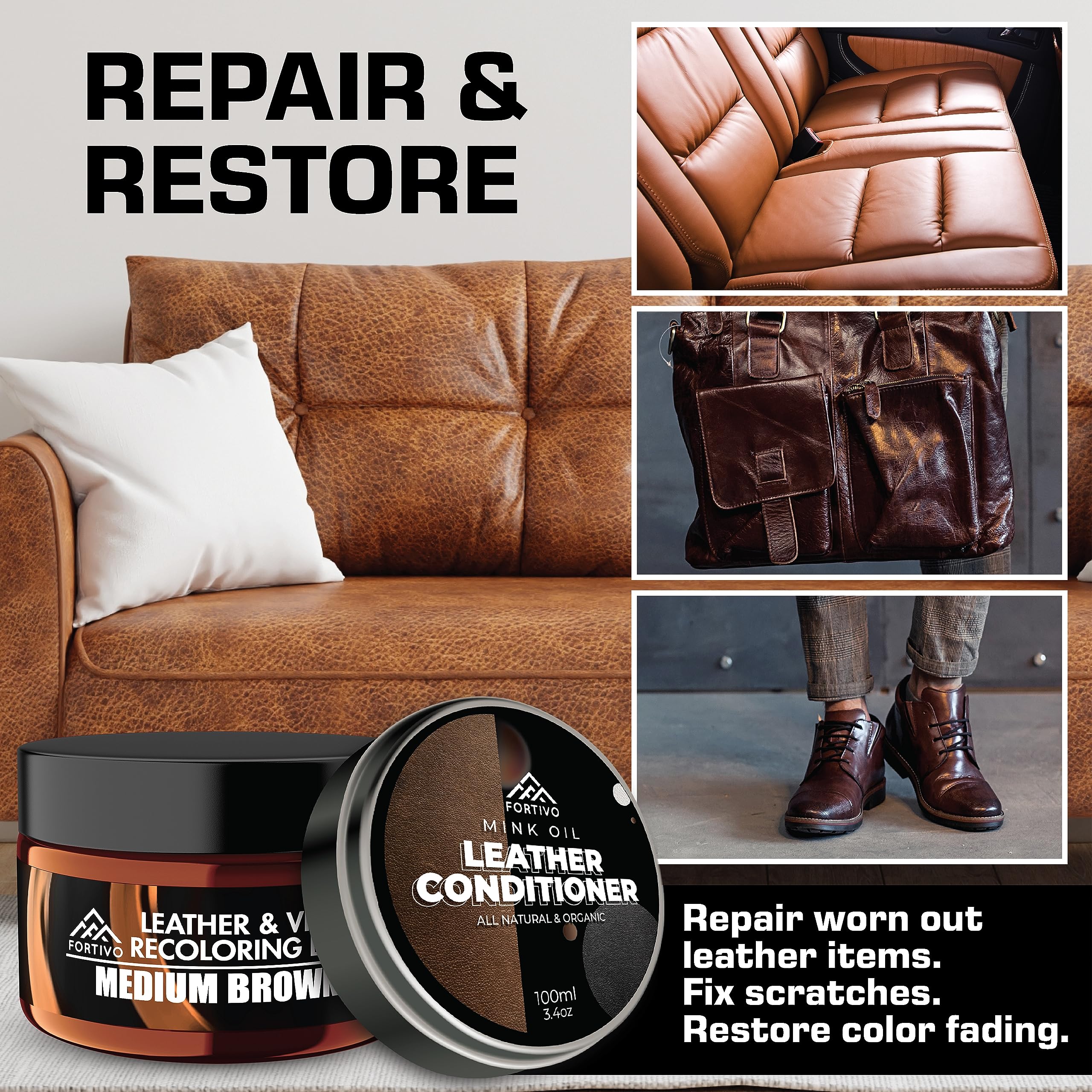 FORTIVO Leather Recoloring Balm Couch Repair Kit, Medium Brown, Model FTV-BLCK200, with Mink Oil for Furniture Restoration