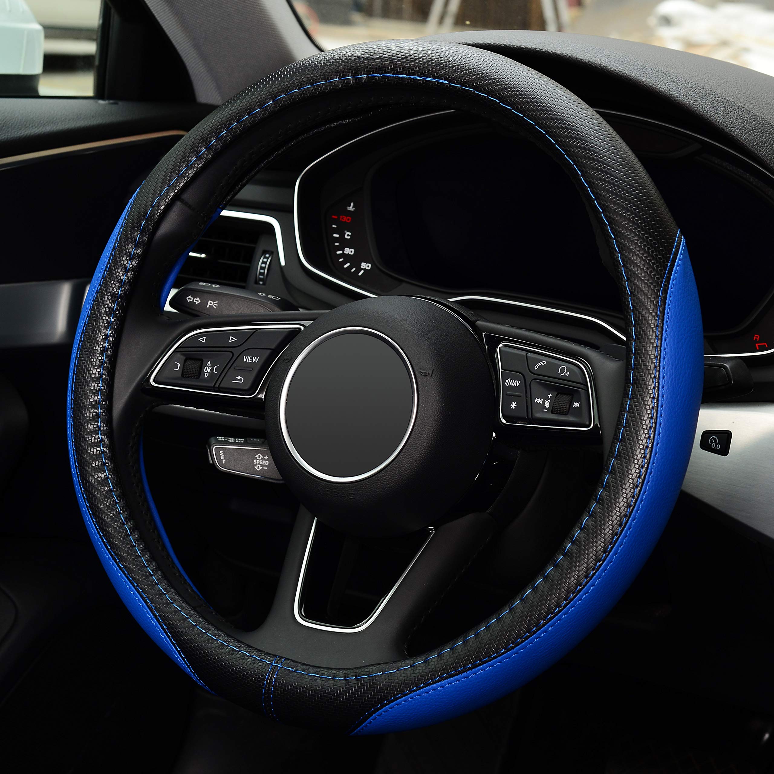 Labbyway Microfiber Leather Auto Car Steering Wheel Cover, Universal Fit 15 Inch Anti-Slip Wheel Protector, Blue