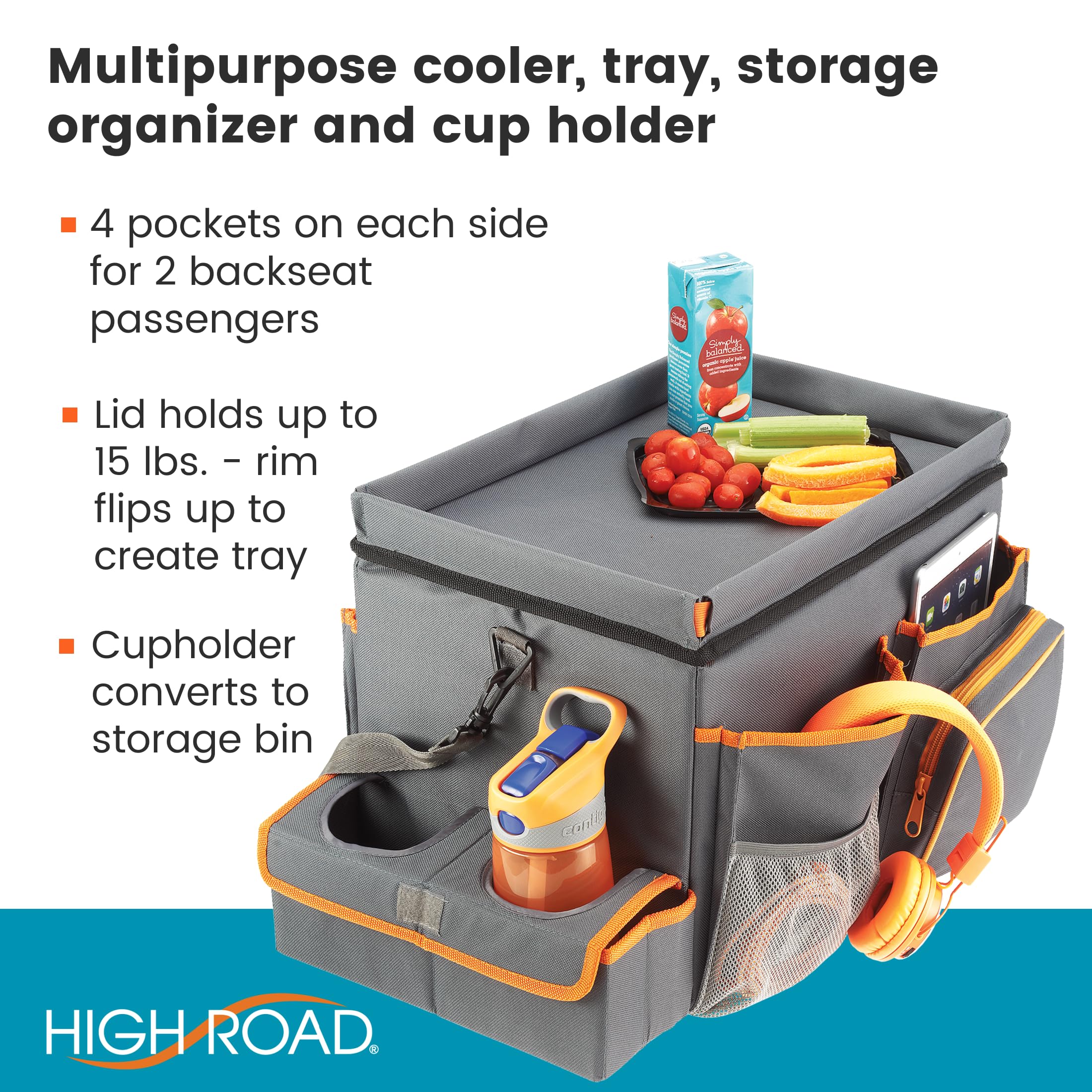 High Road CarHop Organizer with Cooler - Large Gray Back Seat Organizer for Kids & Drivers, 600D Oxford Polyester
