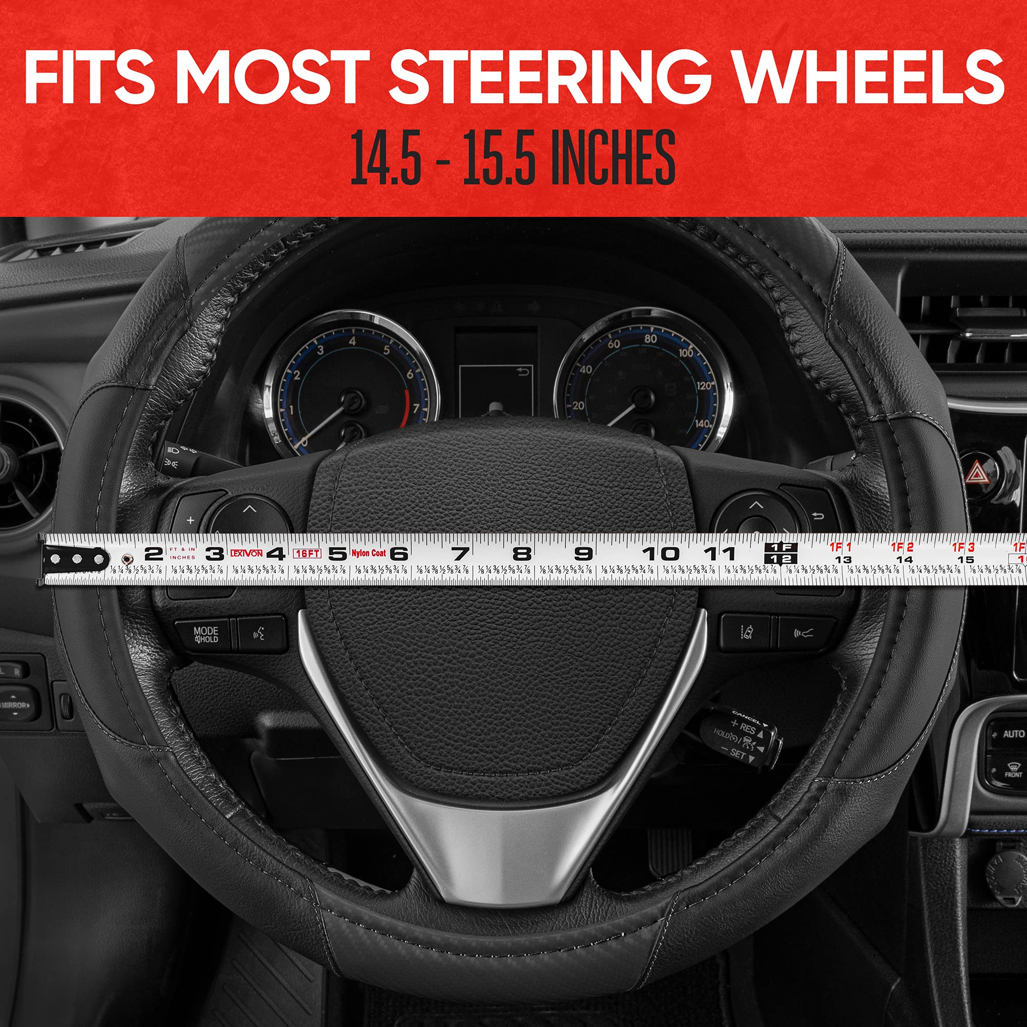 Motor Trend GripDrive Black Carbon Fiber Steering Wheel Cover, Standard 15 inch Size, Black Faux Leather Comfort Grip, Car Steer