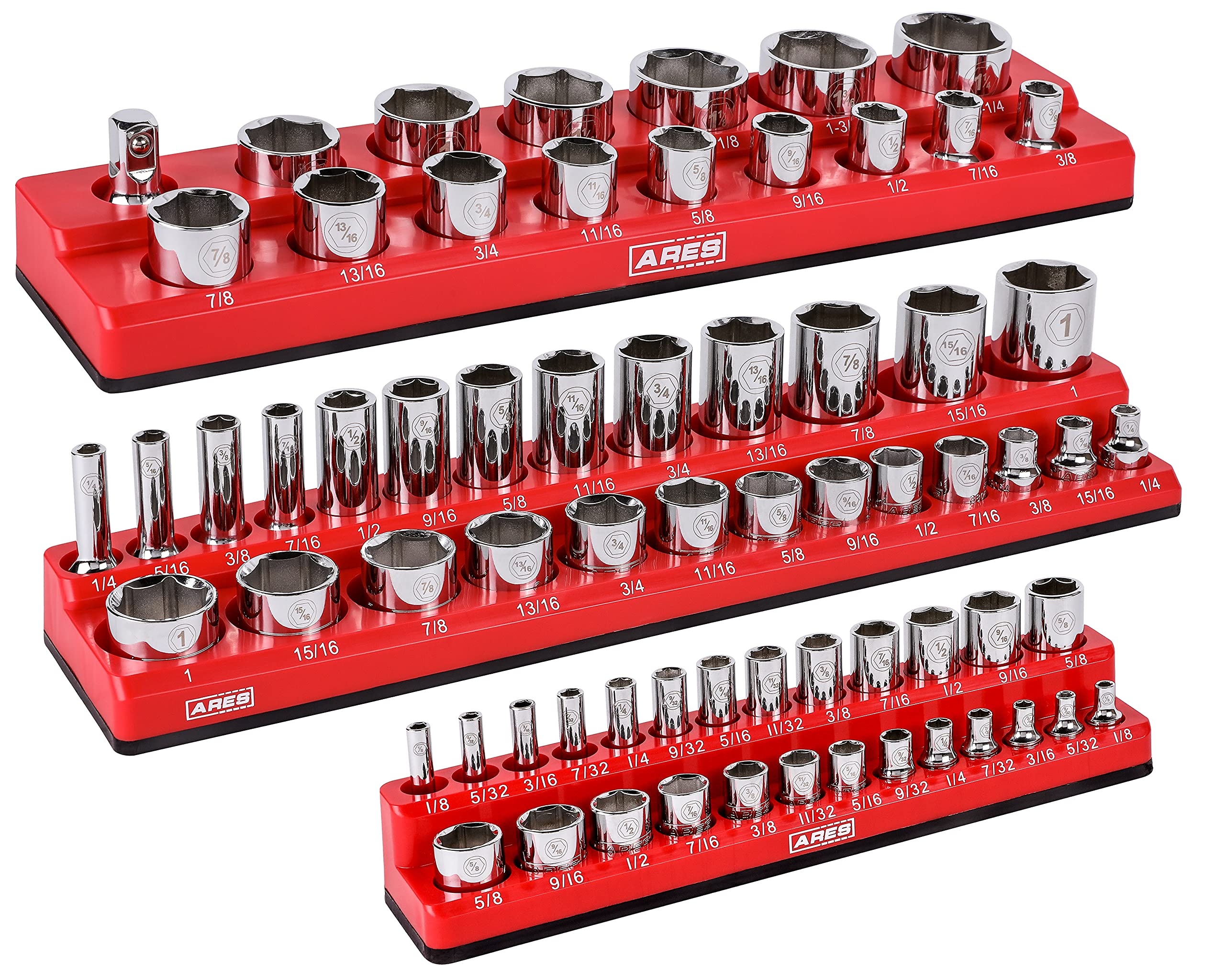 ARES 60035-3-Piece Set SAE Magnetic Socket Organizers - RED -Includes 1/4 in, 3/8 in, 1/2 in Socket Holders - Holds 68 Standard 