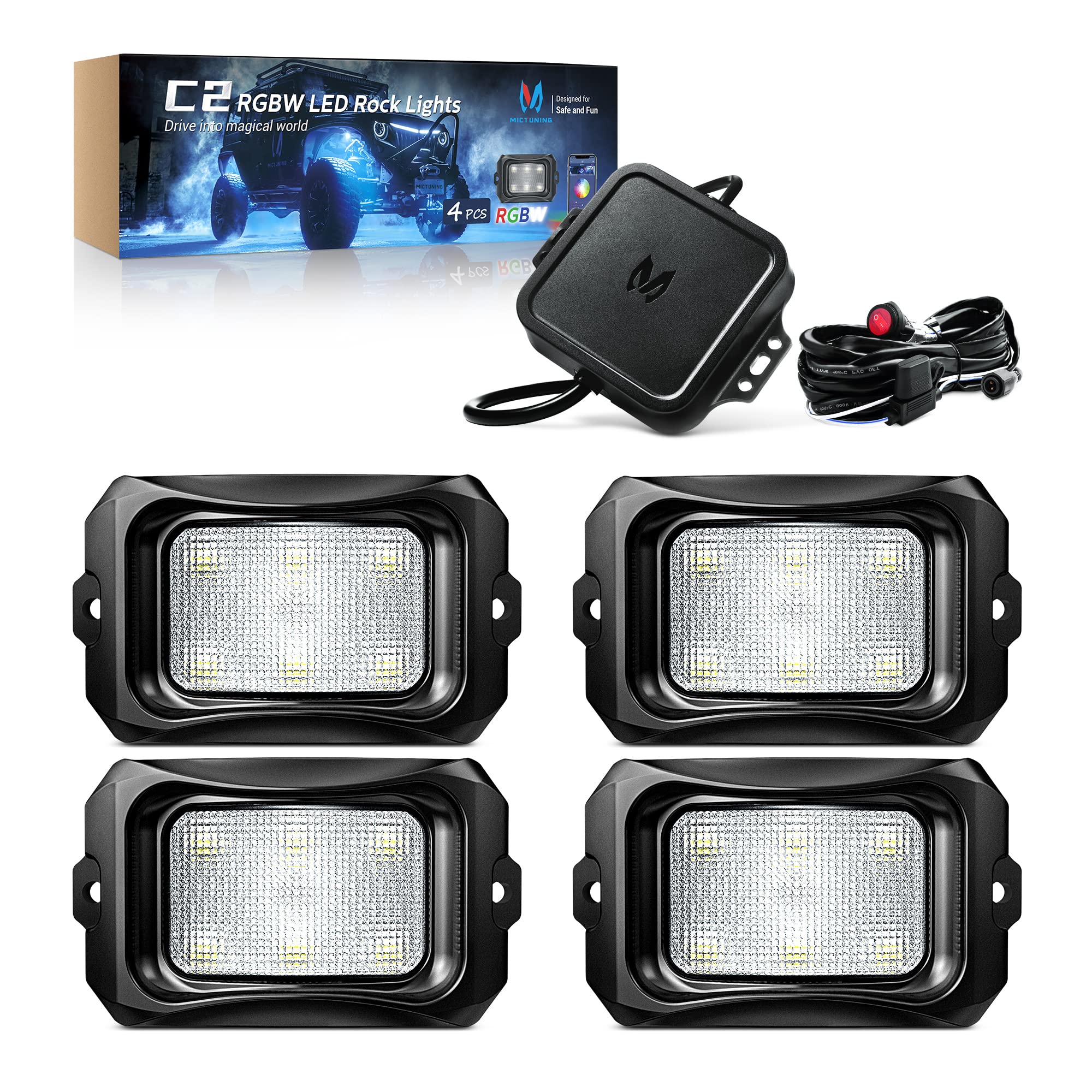 Mictuning C2 Curved Rgbw Led Rock Lights - 4 Pods Underglow Multicolor Neon Light With Wiring Switch Kit, Bluetooth Controller W