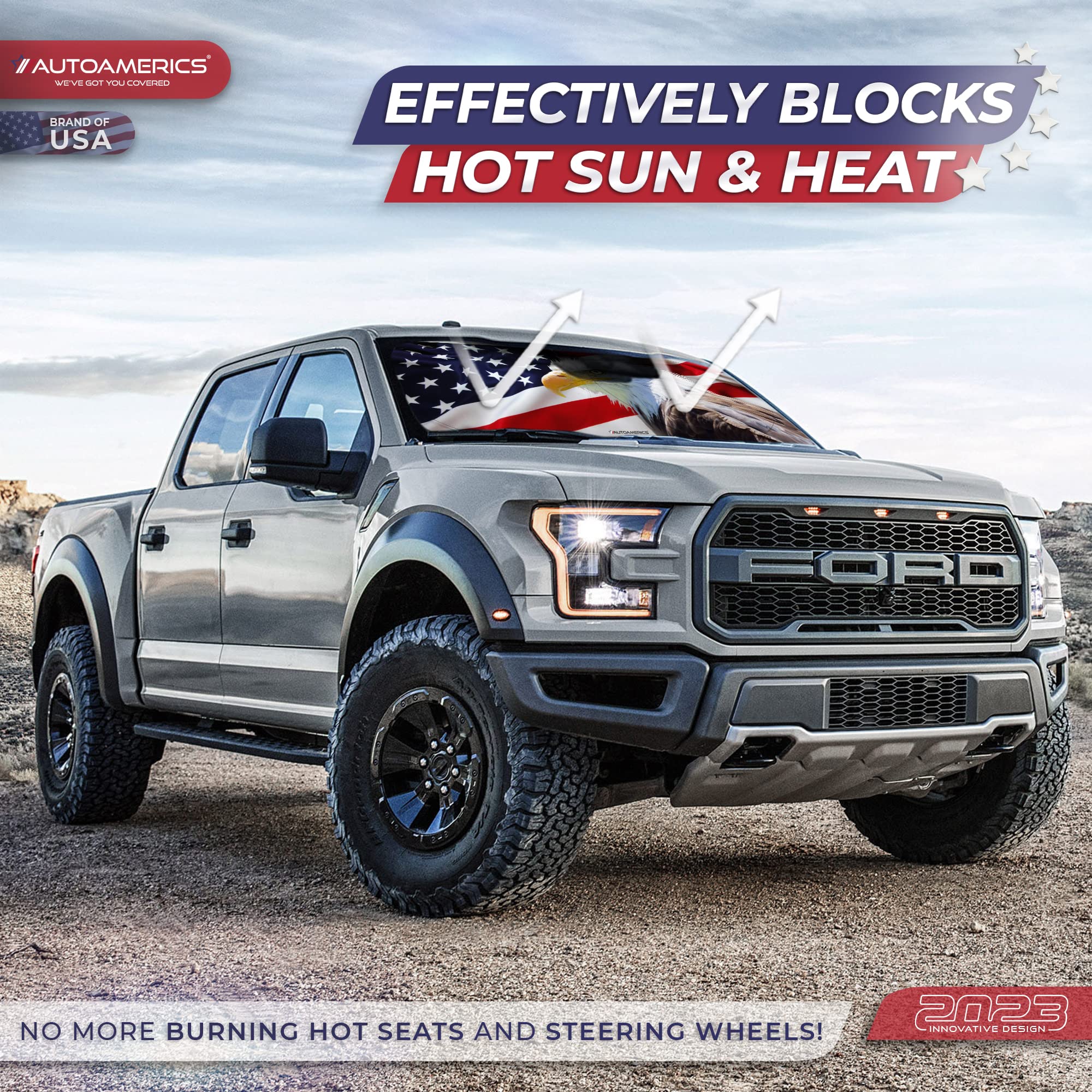 Autoamerics 1-Piece Windshield Sun Shade American Eagle Flag - 2 Usa Patriotic Design - Foldable Car Front Window Sunshade For S