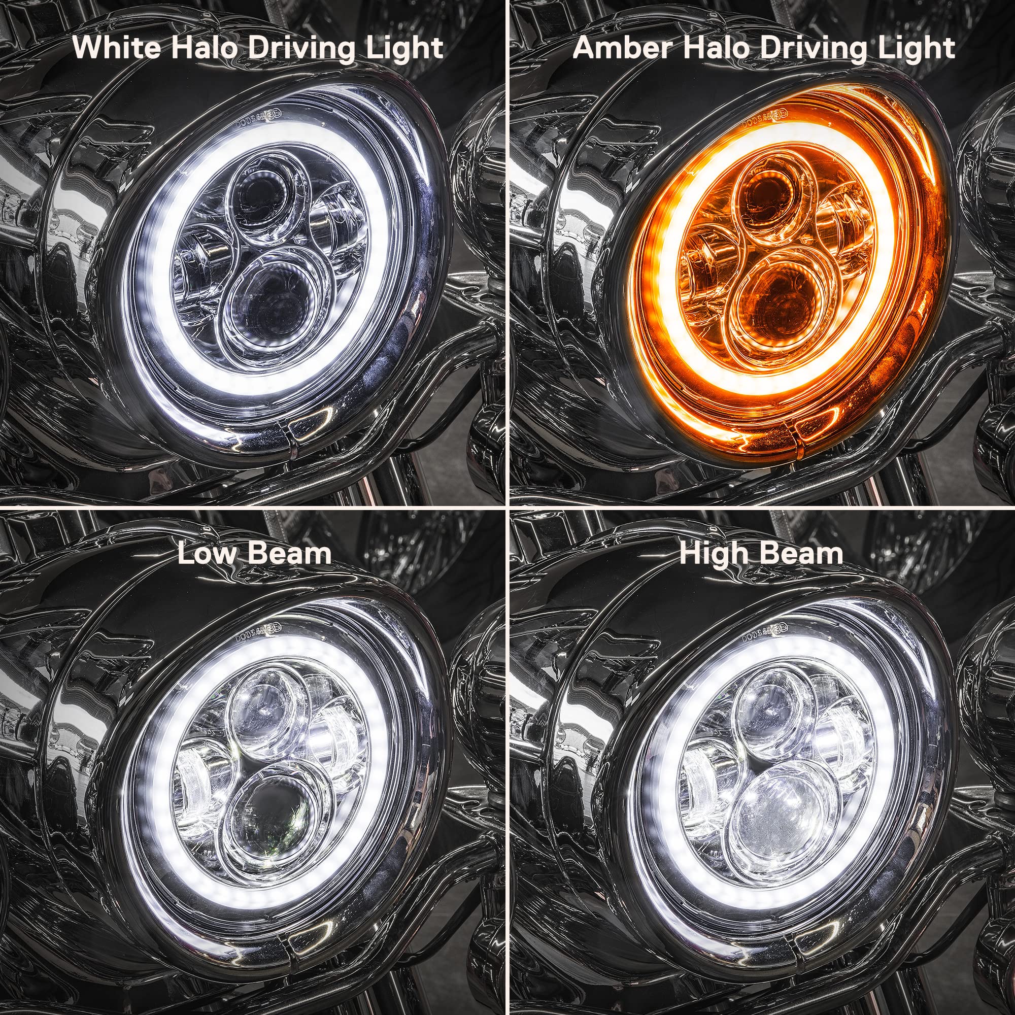 TRUE MODS 7'' LED Headlight/4.5'' Passing Light for Harley Davidson + Mounting Bracket [Chrome-Finish] [HALO DRL] [4500/1440 LM]