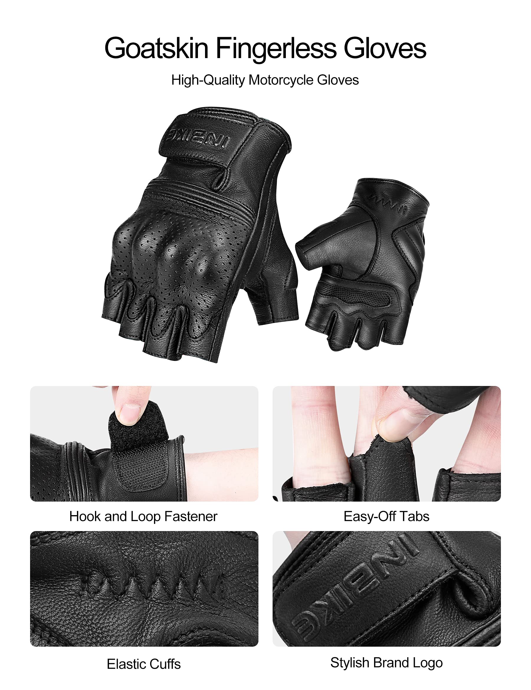 Inbike Fingerless Motorcycle Gloves Summer Breathable Goatskin Leather Wear Resistant Hard Knuckle Black Small