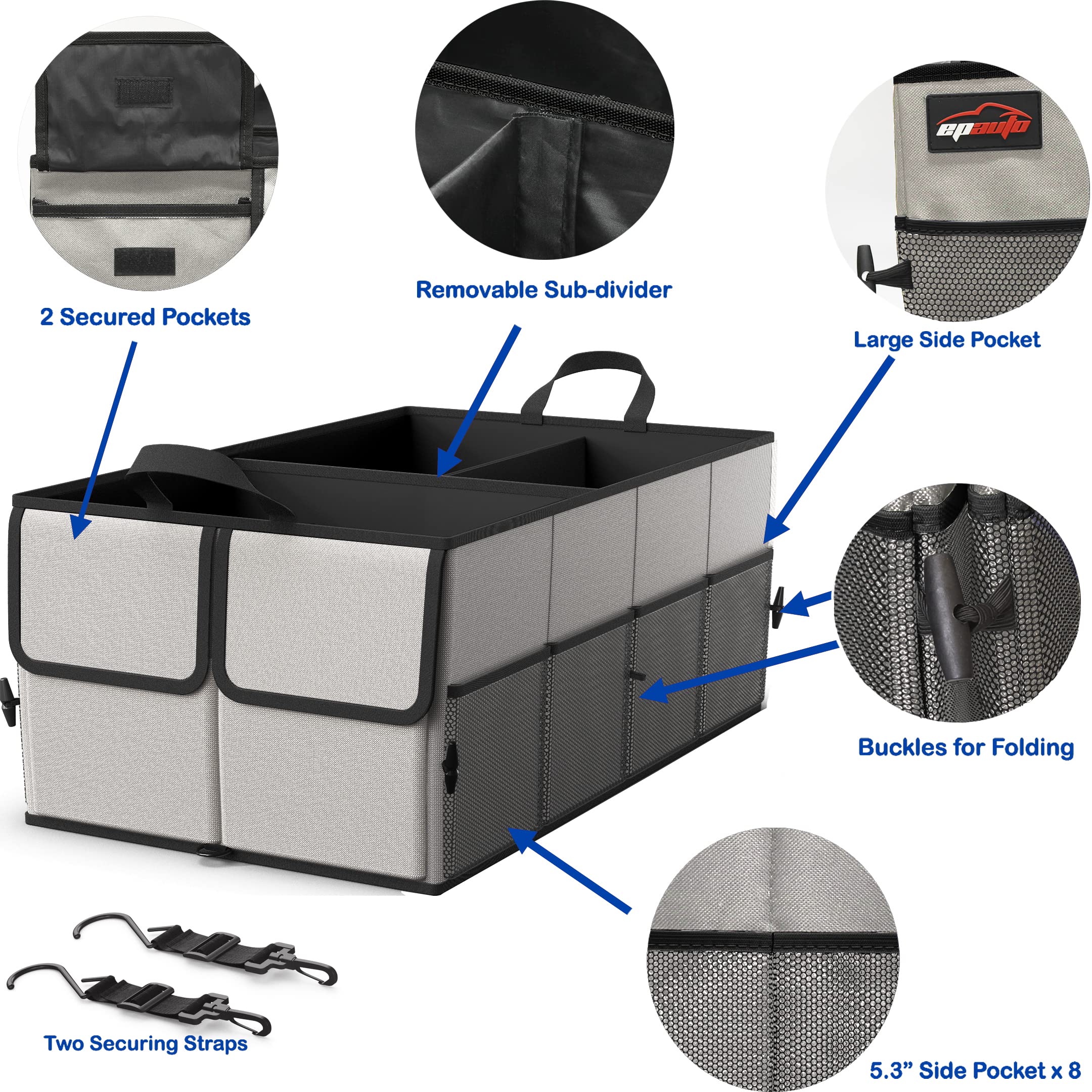 Epauto Foldable Car Trunk Organizer, 3-Compartment With Removable Divider, Gray