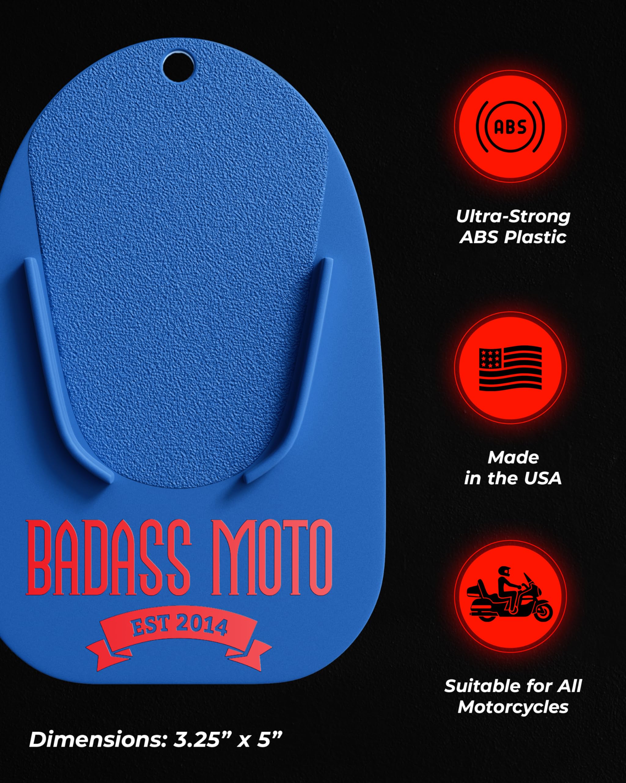 Badass Moto Motorcycle Kickstand Pad, Blue, Rugged, Durable, Made in the USA, Several Colors, Helps You Park Your Bike on Hot Pa
