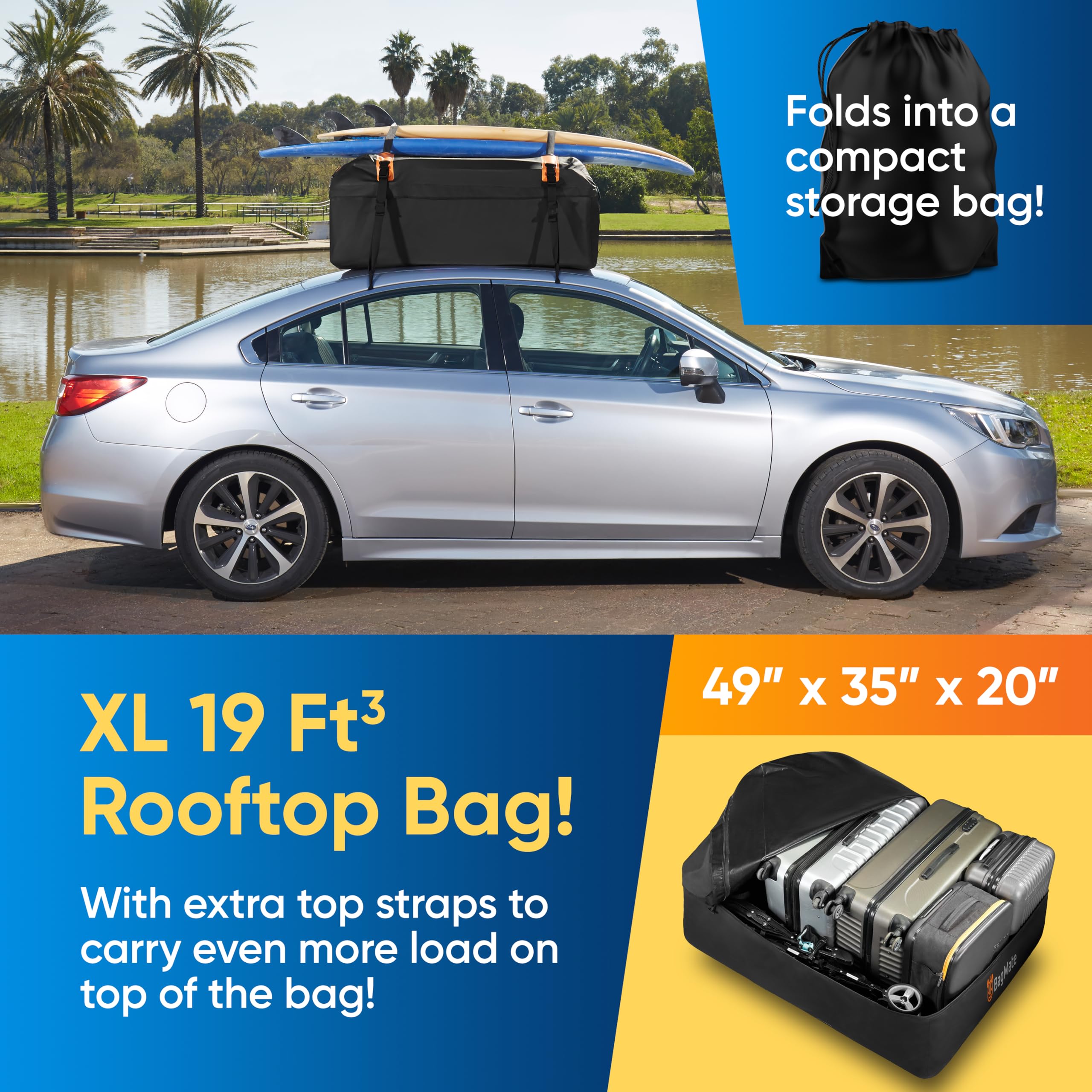 BAGMATE Car Roof Bag - 19 Cu Ft Waterproof Cargo Carrier, Black, Model RBM-CRB-540_1, Includes Anti-Slip Mat & Door Hooks