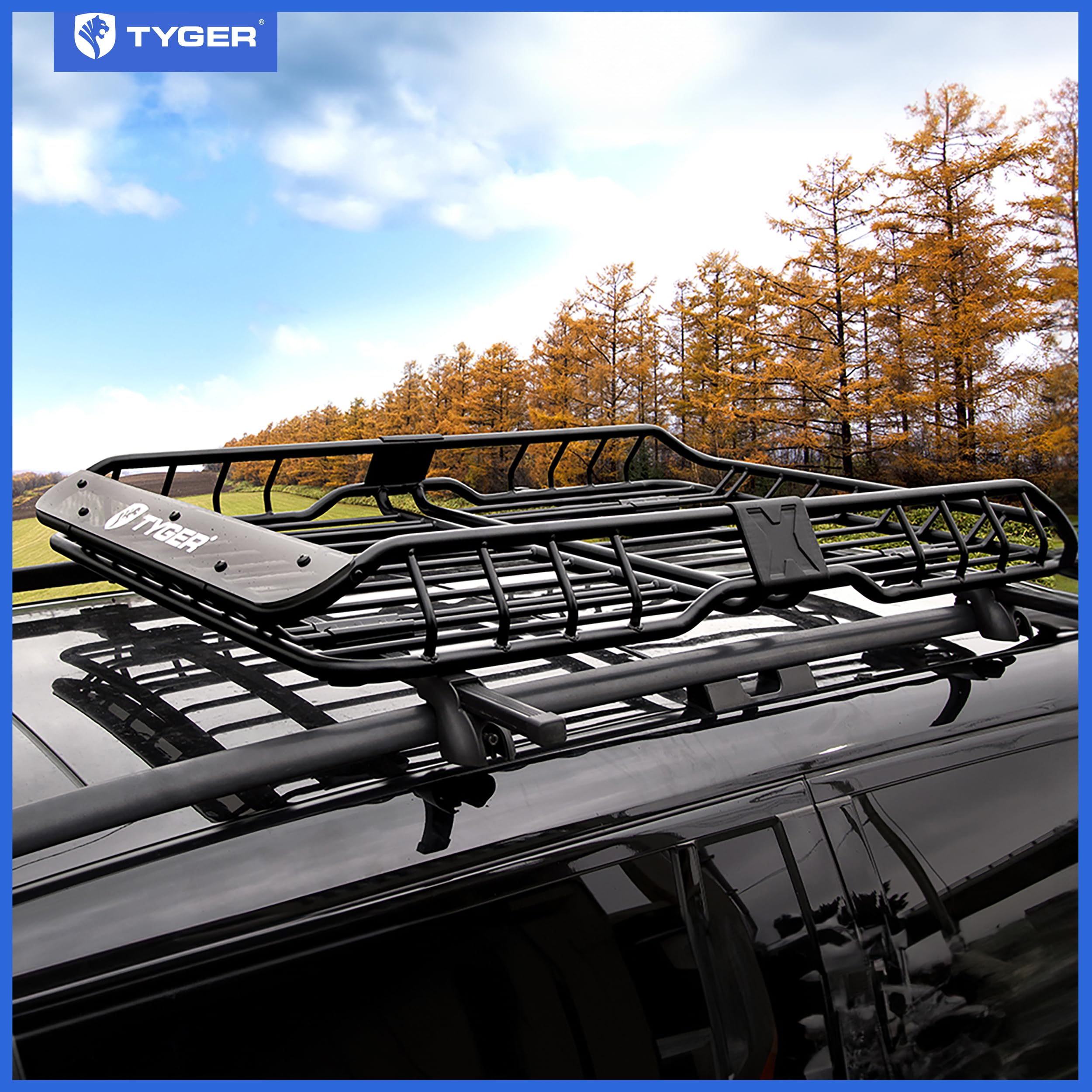 Tyger Auto Heavy Duty Roof Cargo Basket Rack, L57.5" x W42" x H6", Black, Alloy Steel, Model TG-RK1B942B, with Wind Fairing