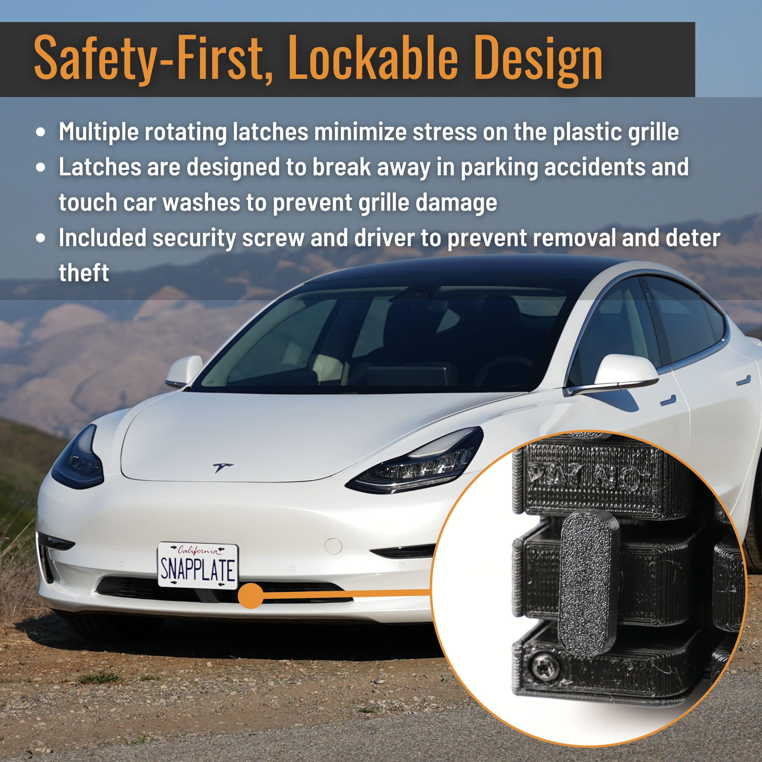 Snapplate Front License Plate Holder For Tesla Model 3 - Safety-Optimized Breakaway Design, Anti-Theft, Removable, Height-Adjust