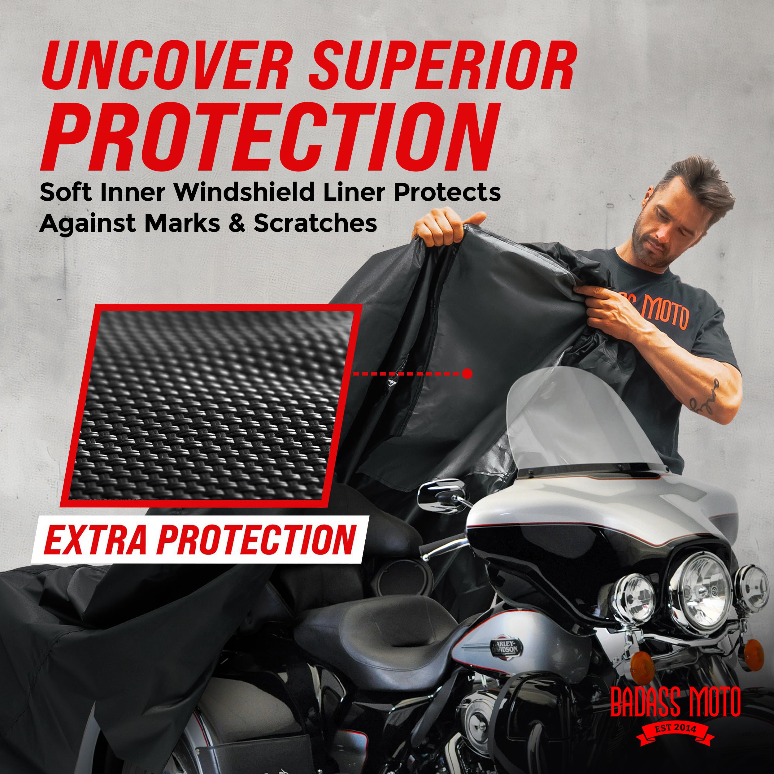 Badass Moto Waterproof Trike Cover for Harley Davidson, Polyester, Black, Fits Tri Glide, Taped Seams, Windshield Liner, Vents