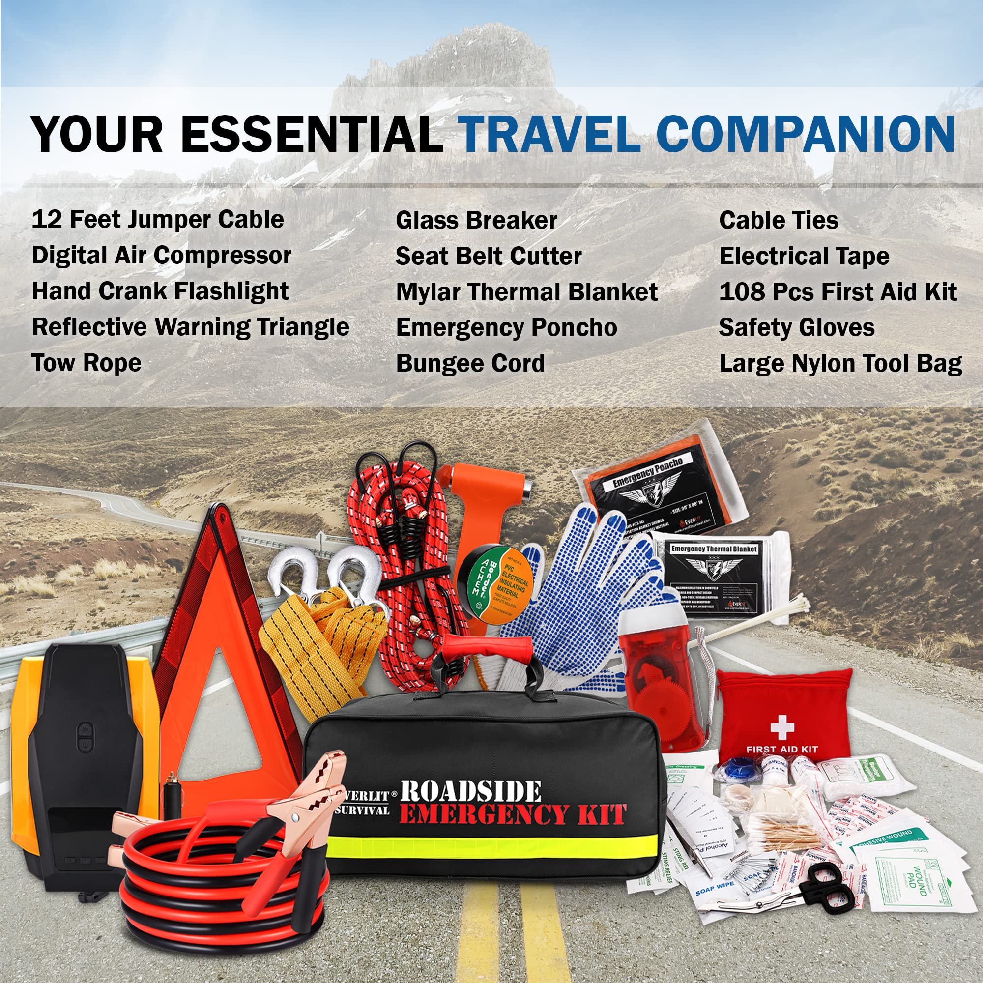 EVERLIT Survival Car Emergency Kit with Air Compressor, Jumper Cables, Flashlight - Multicolor, Essential Roadside Safety Tools