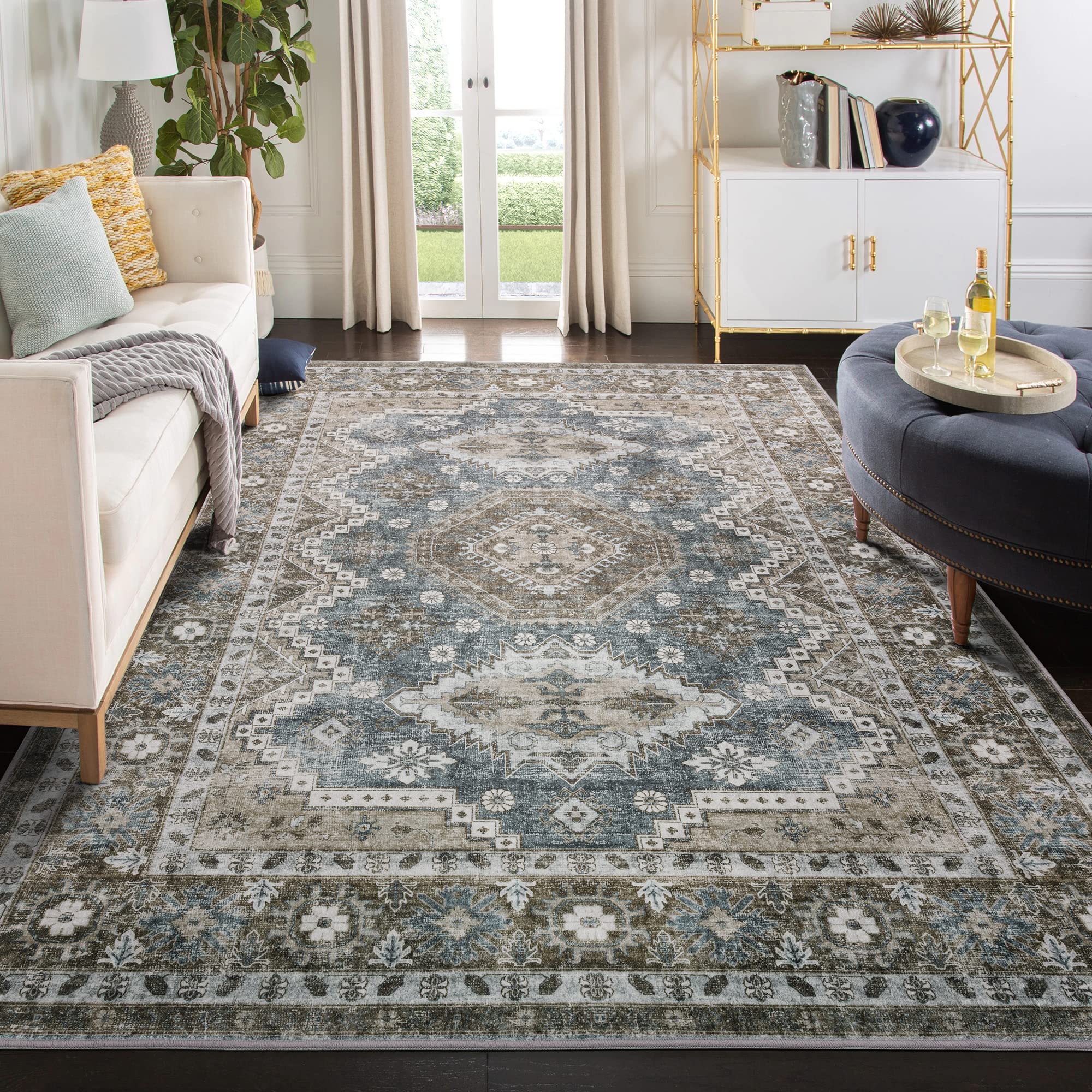 Rugland 6X9 Rug - Stain Resistant Washable Rug, Anti Slip Backing Rugs For Living Room, Boho Vintage Tribal Area Rugs (Tpr07-Blu