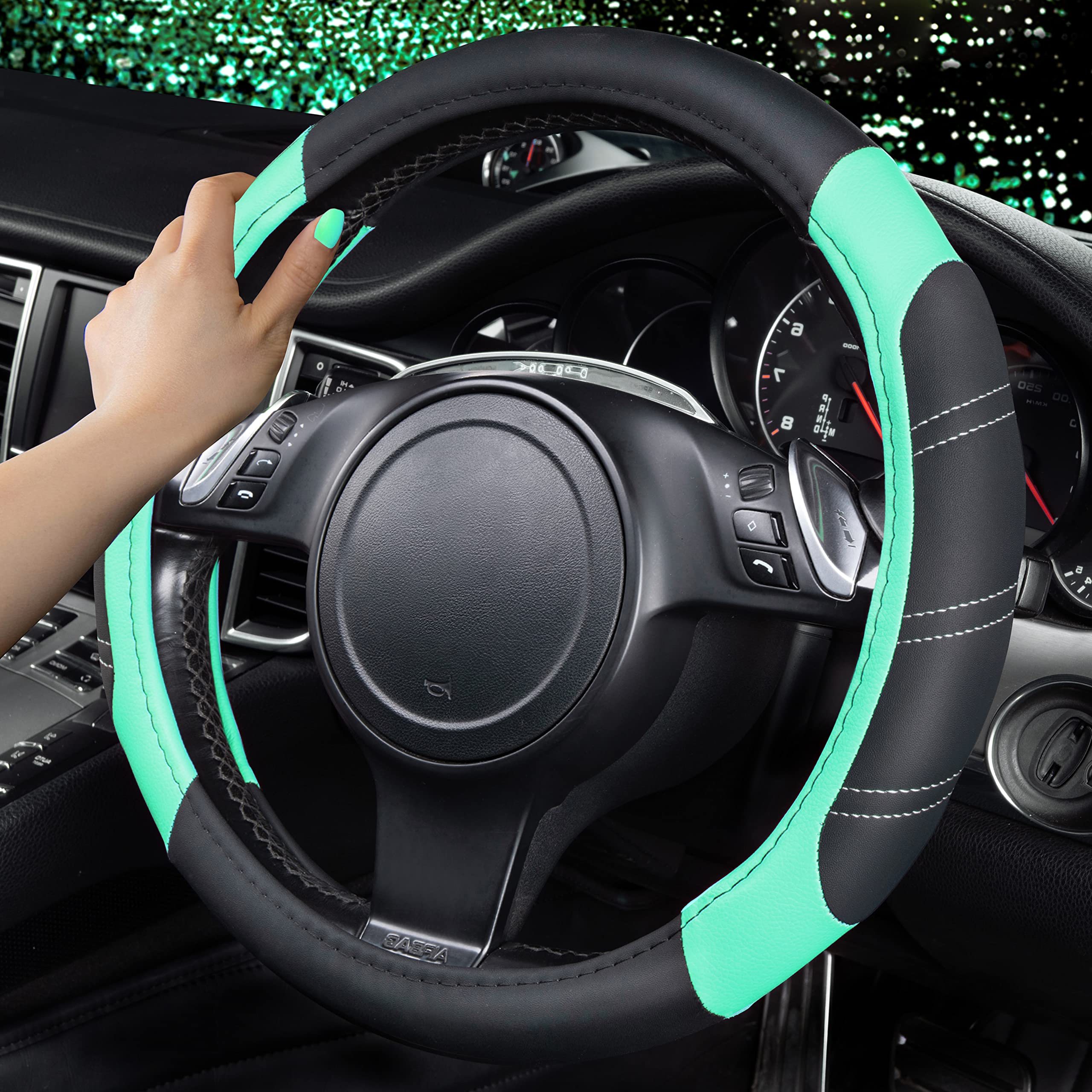 Car Pass Line Rider Microfiber Leather Sporty Steering Wheel Cover Universal Fits For 95% Truck,Suv,Cars, 14.5-15 Inch Anti-Slip