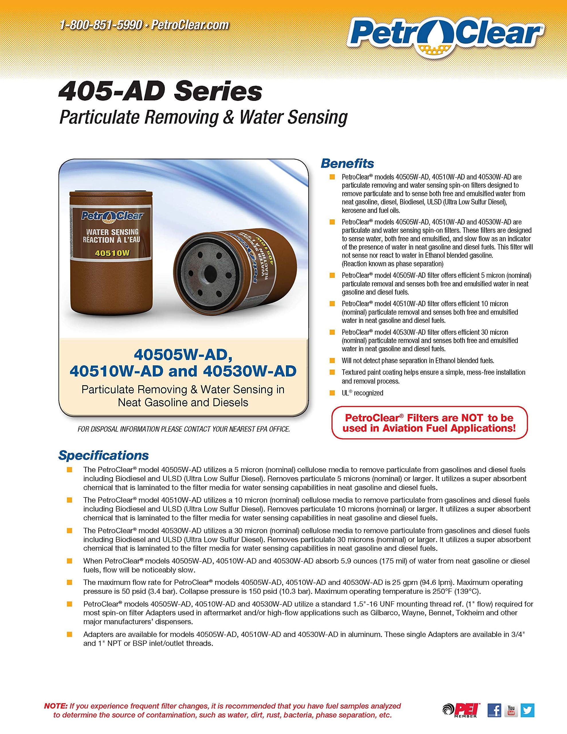 PetroClear Water Sensing & Particulate Remover for Gasoline & Diesel, Model 40510W-AD, Size 1