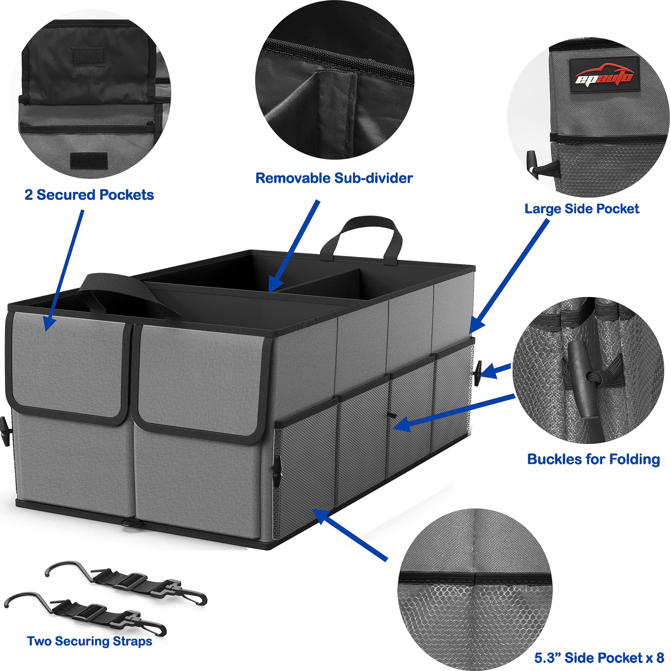 Epauto Foldable Car Trunk Organizer, 3-Compartment With Removable Divider, Dark Gray
