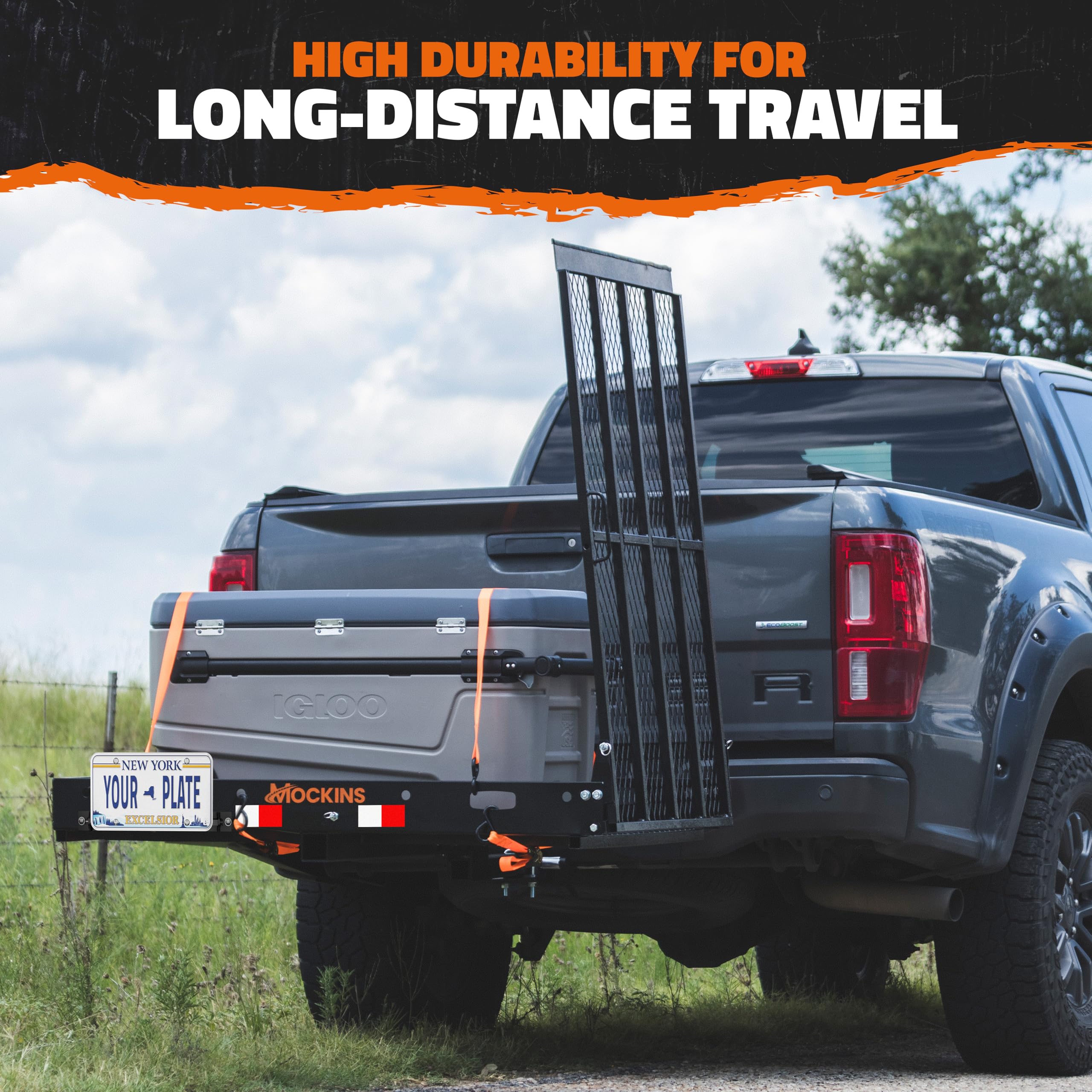 Mockins Heavy Duty Trailer Hitch Cargo Carrier Ramp, 48"x28.5"x4", 500 lbs Cap, Alloy Steel, Black, Model MA-HC-RMP-48X28X4