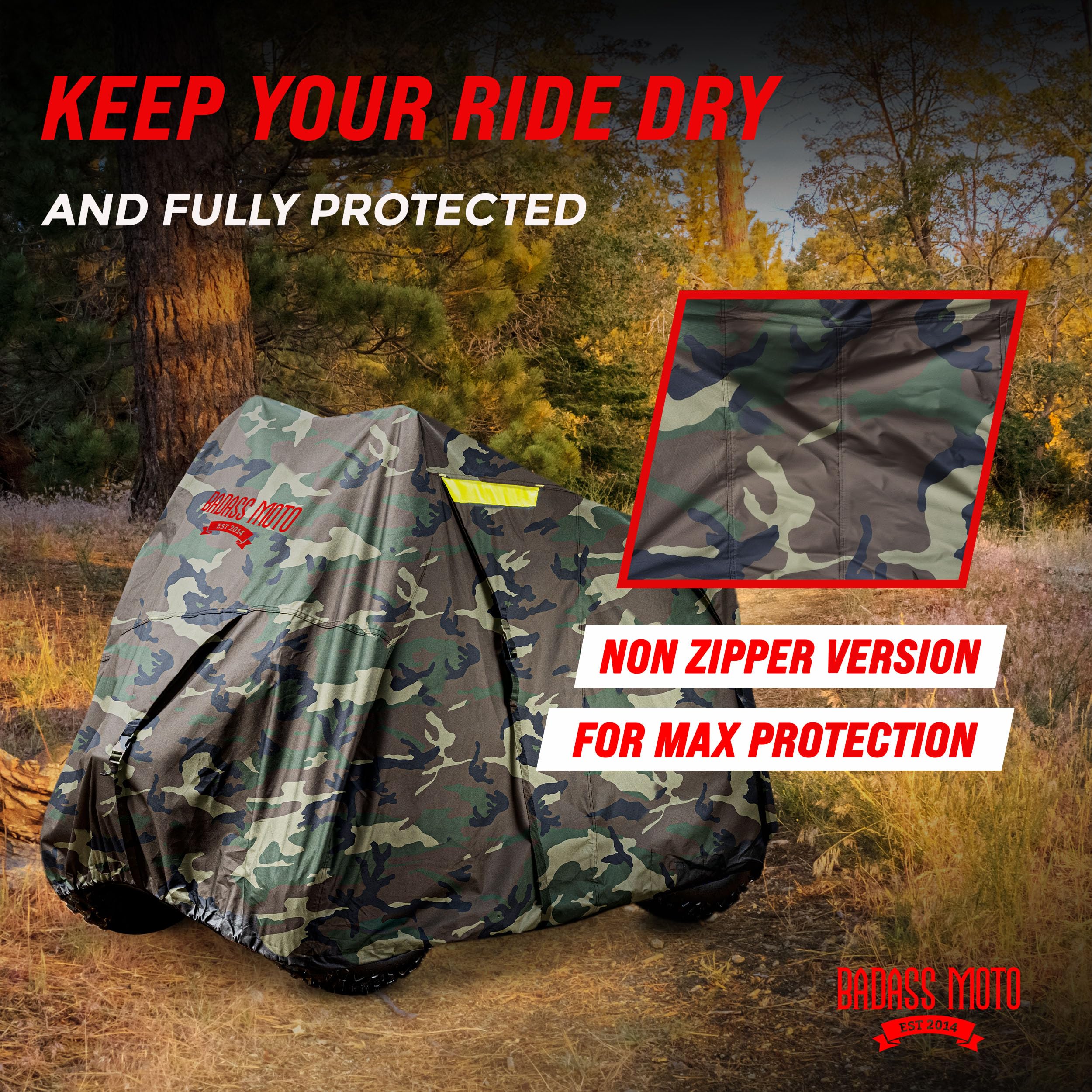 Badass Moto Camo 4 Wheeler Cover - ATV Cover Four Wheeler. Heavy-Duty, Triple-Waterproof Rip-Resistant, Night-Reflective Quad Co