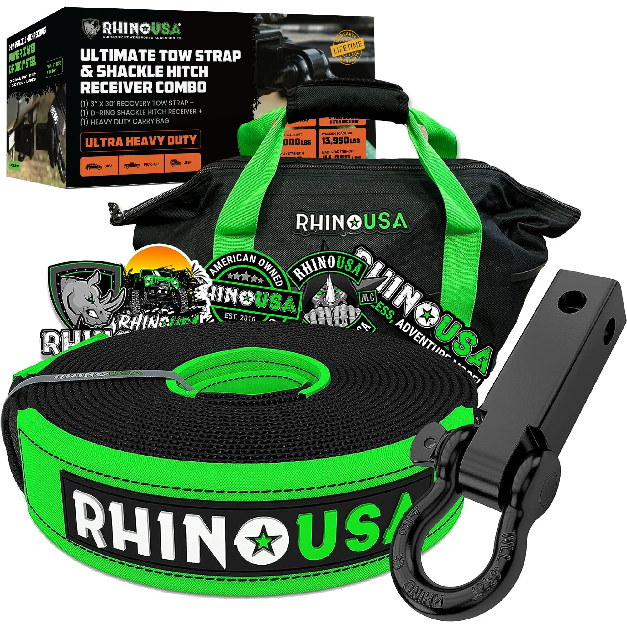 Rhino USA Heavy-Duty Recovery Gear Combos Off-Road Truck Vehicle Recovery, Best Offroad Towing Accessories (30' Strap + Shackle 