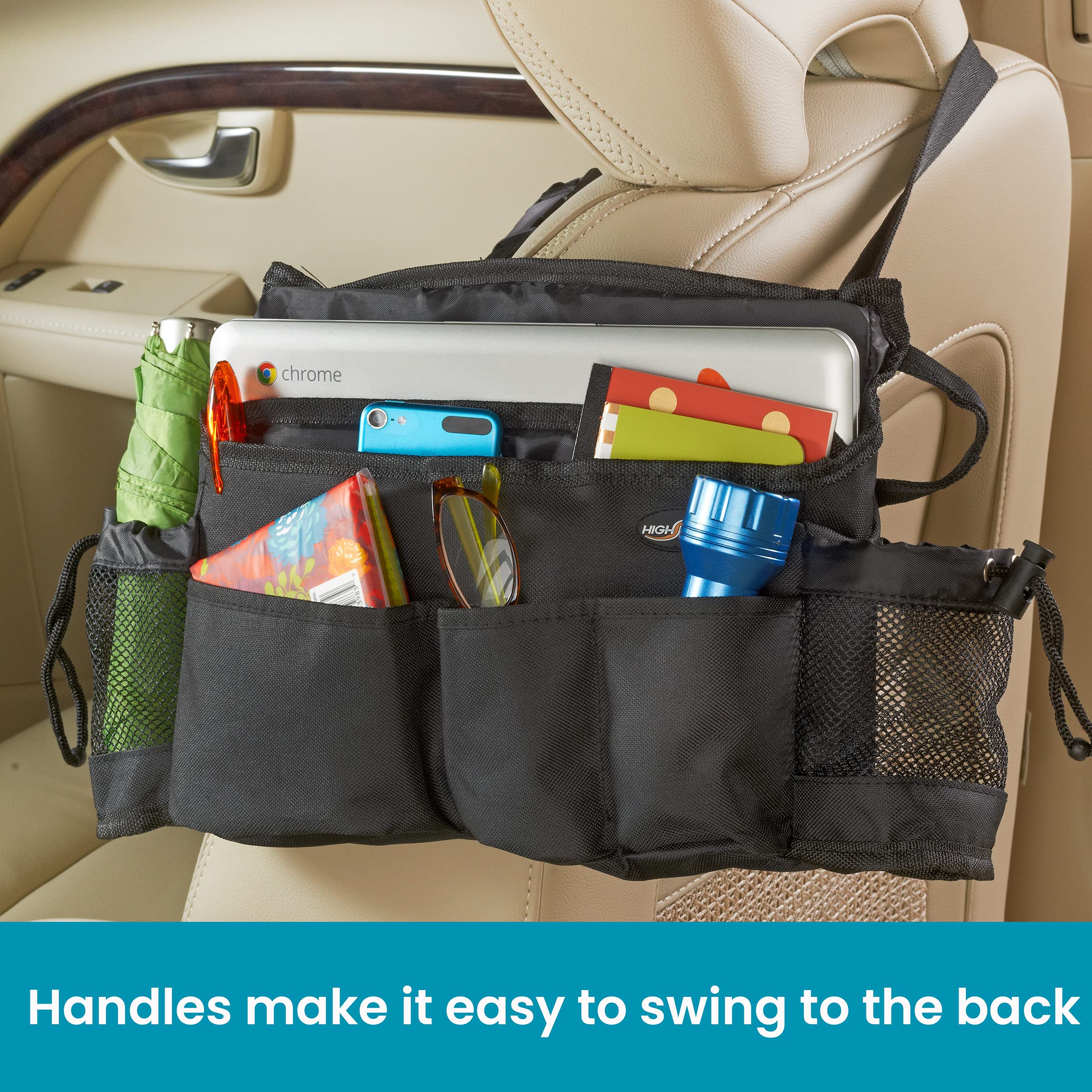 High Road SwingAway Car Organizer, 6 Pockets & 2 Cup Holders, X-Large, Black, 600D Oxford Polyester