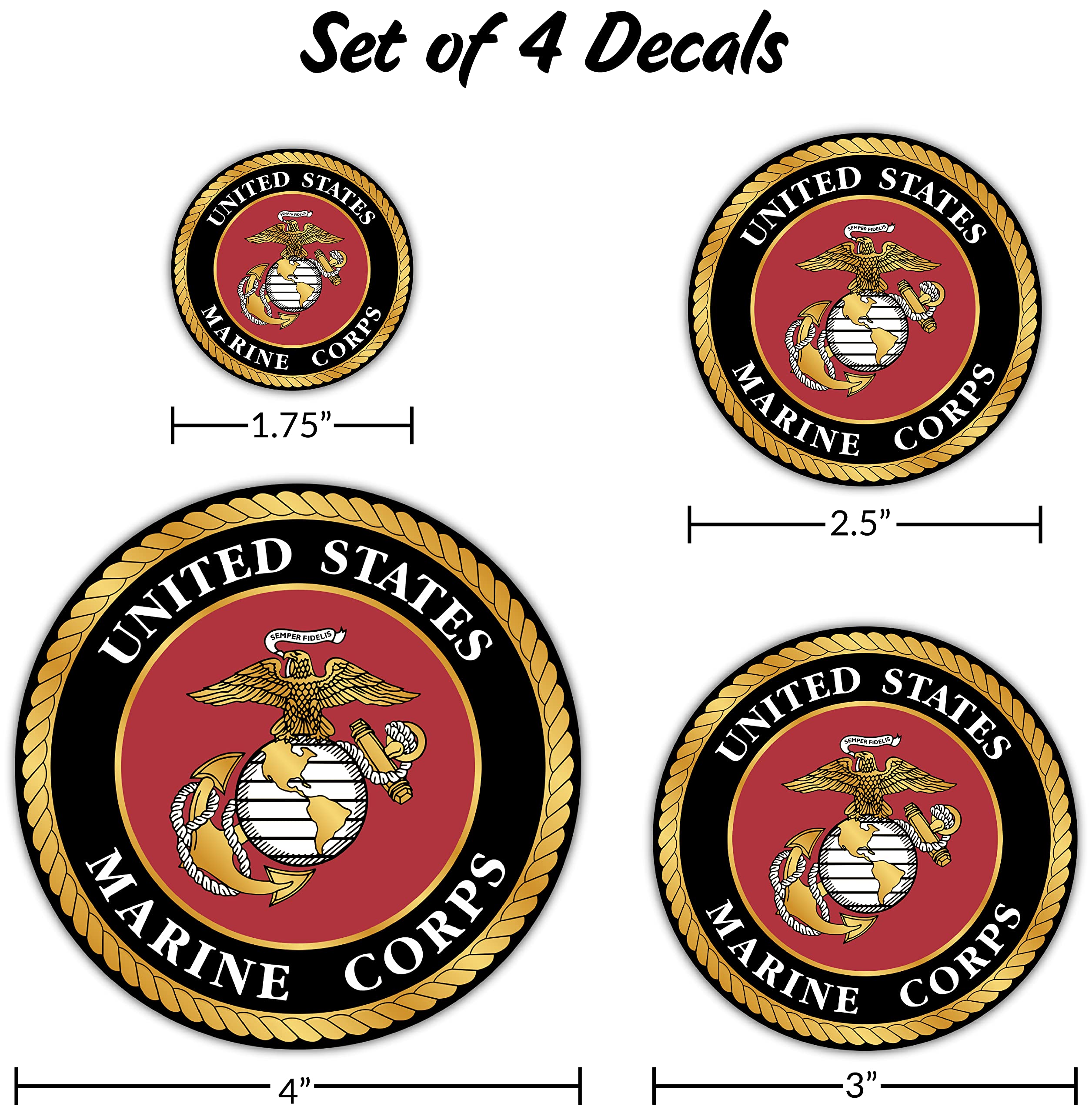DECALCOMANIA 4-Piece US Marine Corps Logo Decals - Vinyl Military Stickers for Truck, Car, Phone, Tablet - 1.75" to 4" Marine Stickers