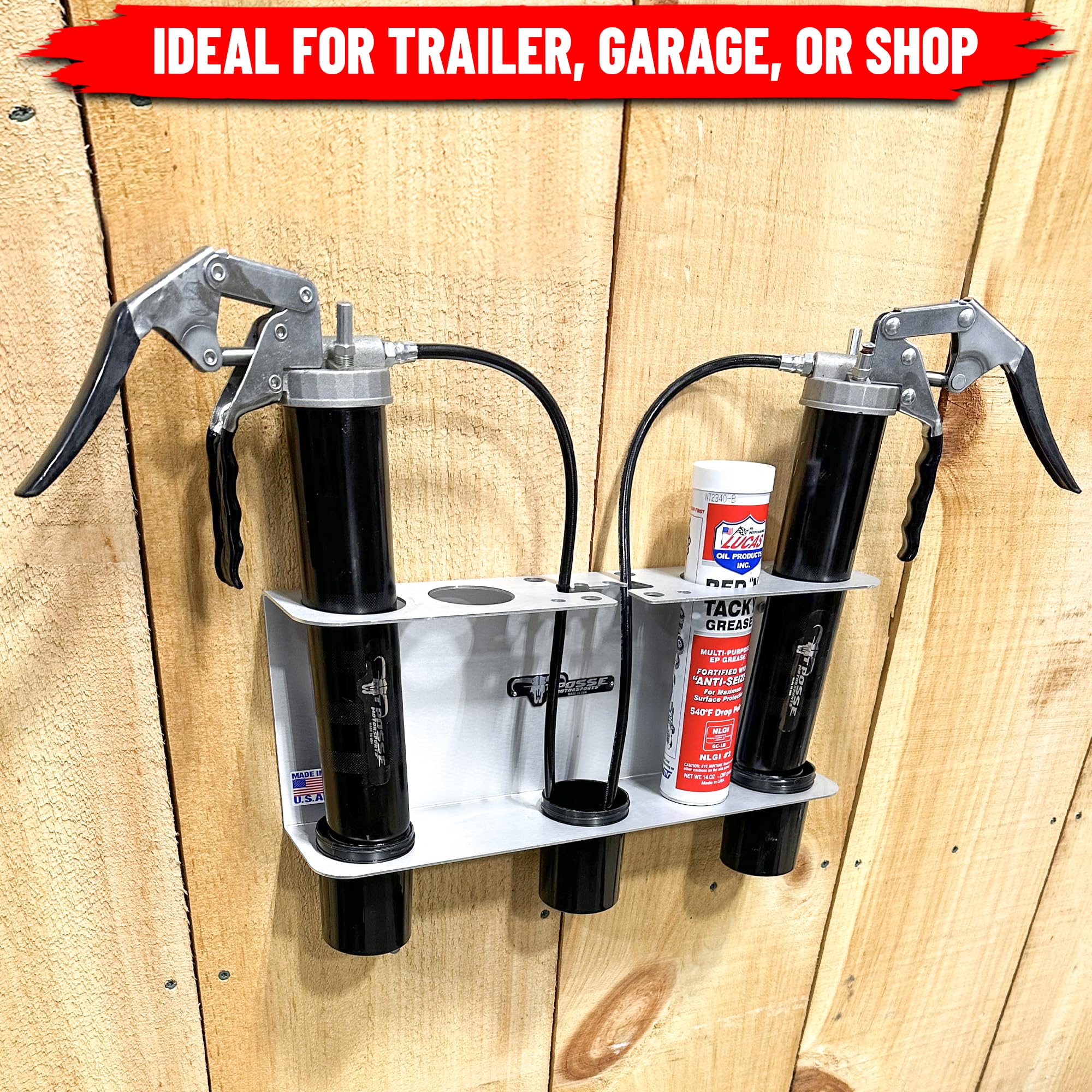 Pit Posse Pp3363 Hand Grease Gun Tube Holder Rack - Made In Usa - Holds 2 Grease Guns- Garage Organizer Aluminum Storage Caddy W