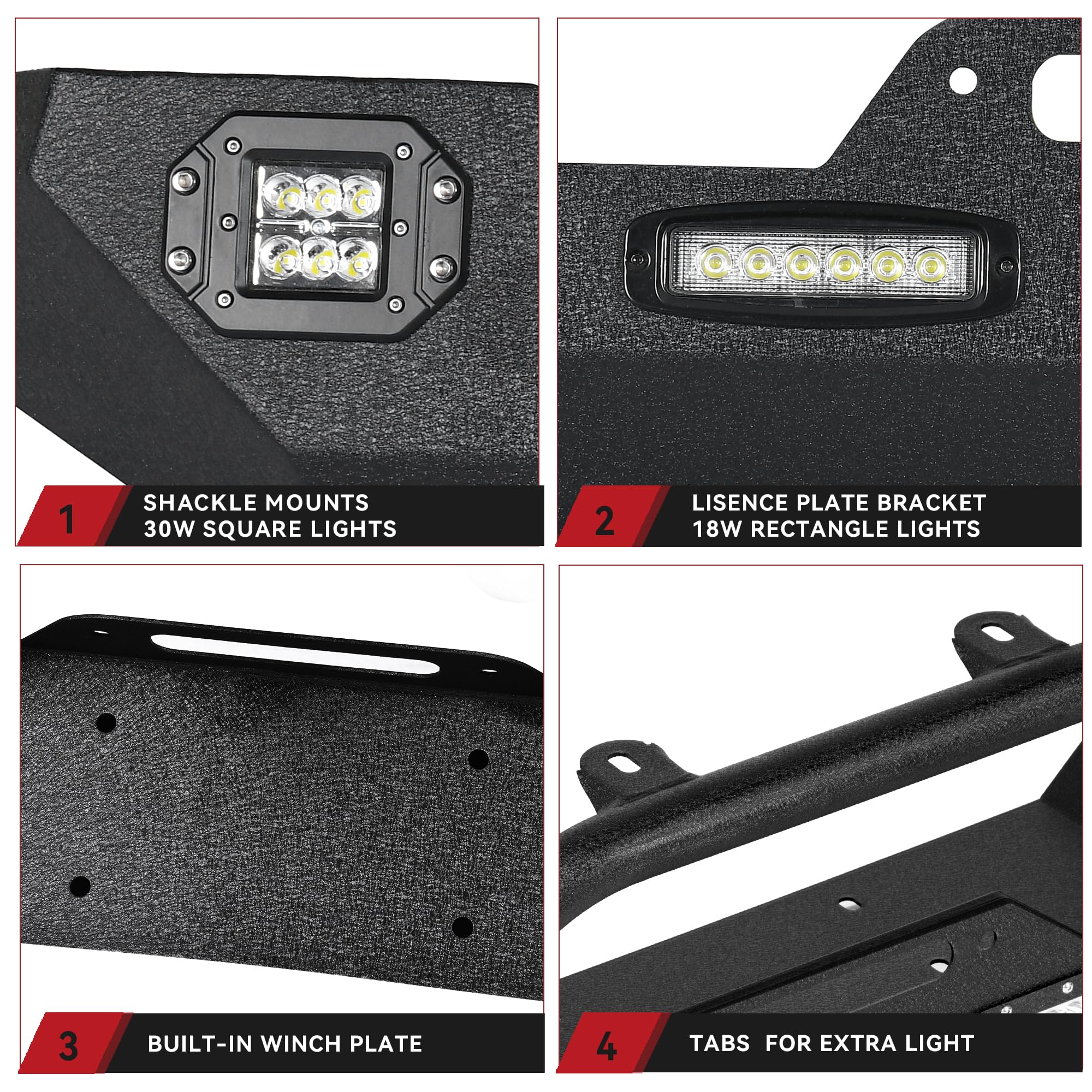 LEDKINGDOMUS Front Bumper for 07-18 Jeep Wrangler JK, Black, with 4X LED Lights, Winch Plate, D-rings, Length 61.54"