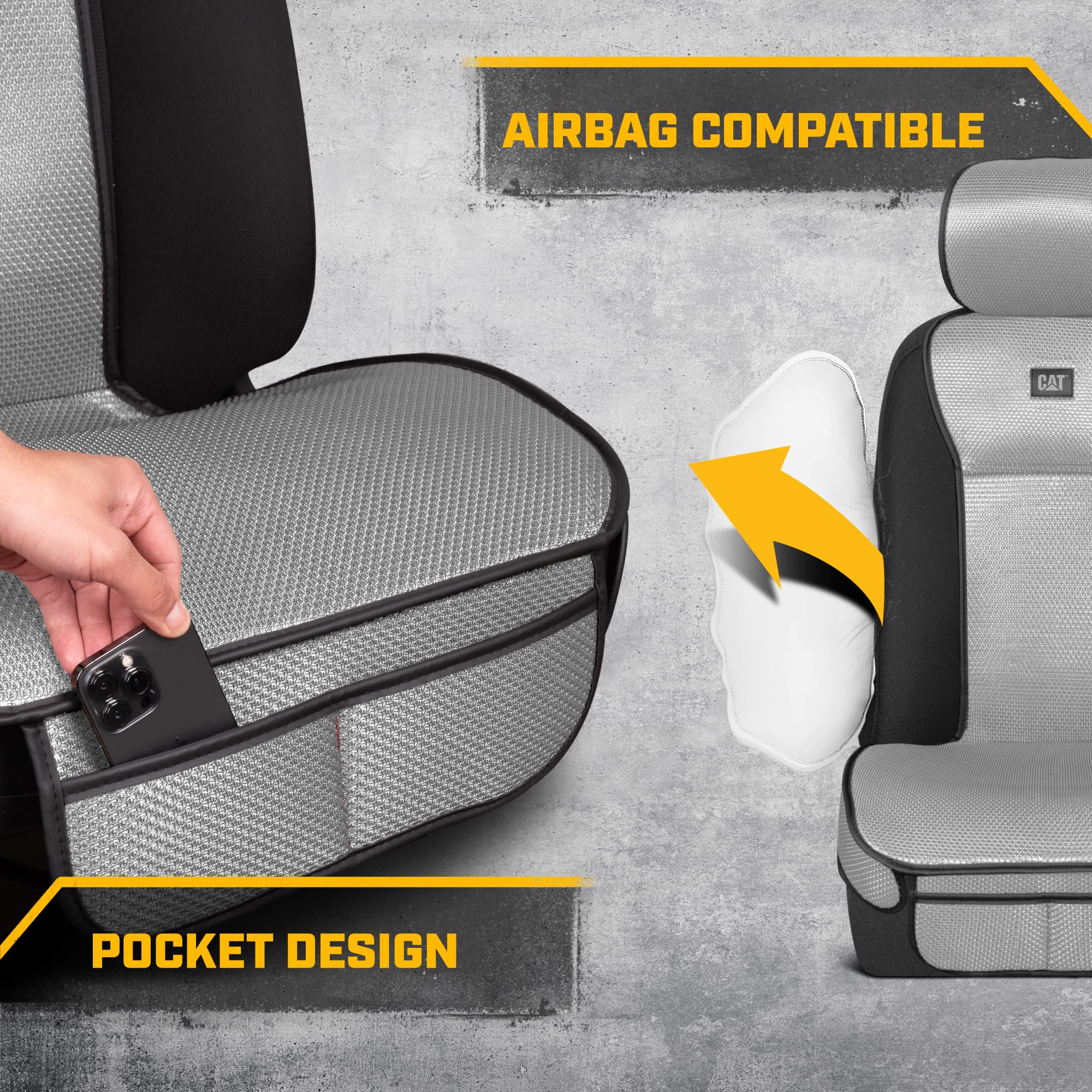 Caterpillar AeroMesh Gray Seat Covers for Trucks, Car, & SUV - (2) Front Truck Seat Cover Protector - Breathable Mesh Universal