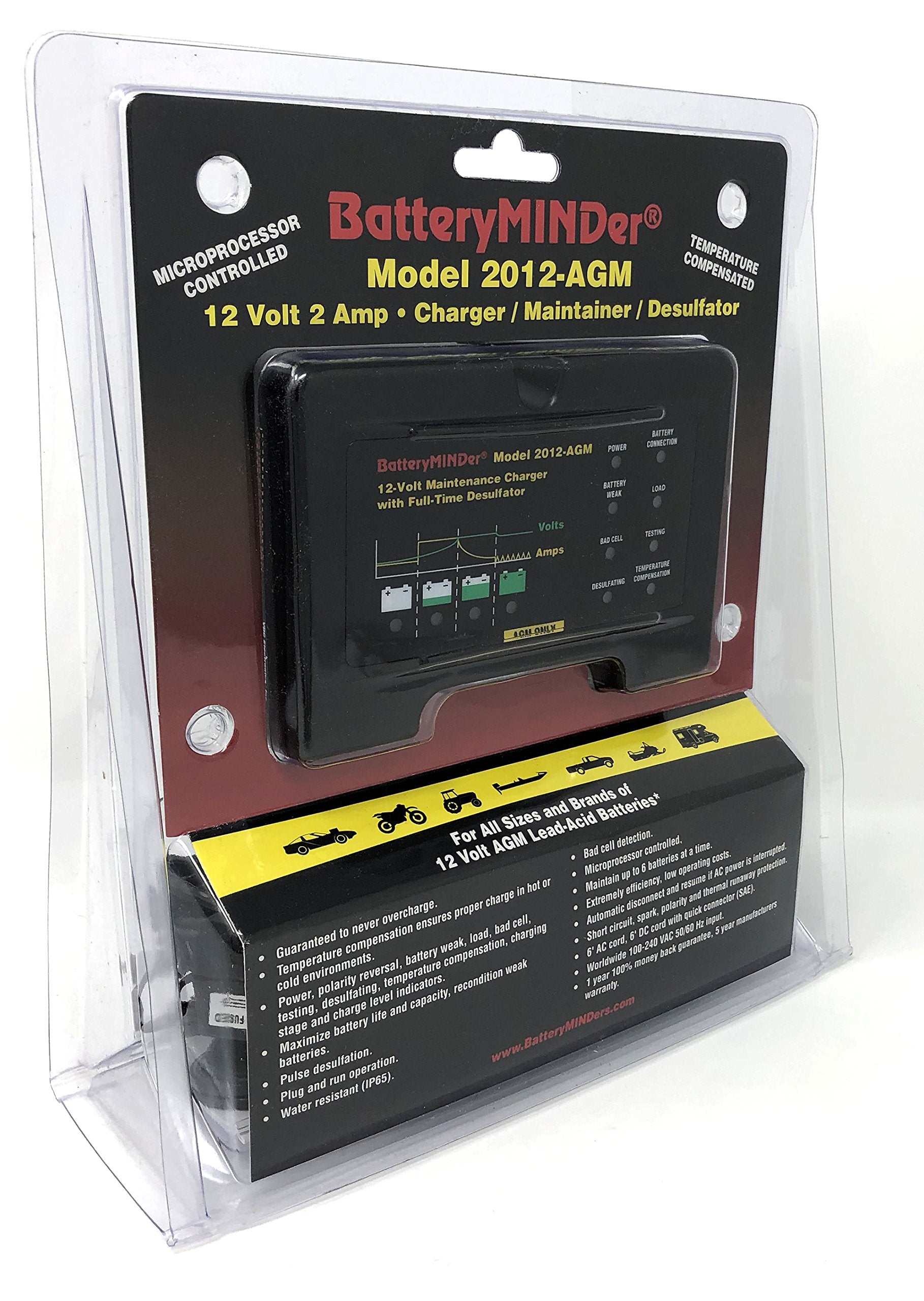 BatteryMINDer 2012-AGM 12V 2A Battery Charger & Maintainer for AGM Lead-Acid Batteries - Black