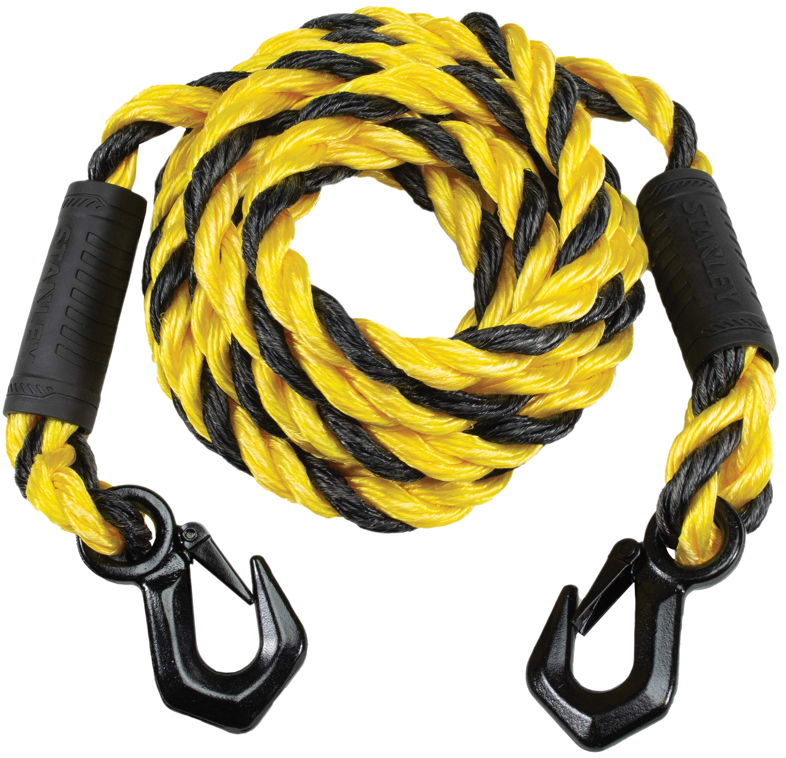 Stanley S1052 Black/Yellow 5/8'' X 15' Poly-Blend Braided Tow Rope With Heavy Duty Black Tri-Hooks - 2,400 Lb Safe Working Load 