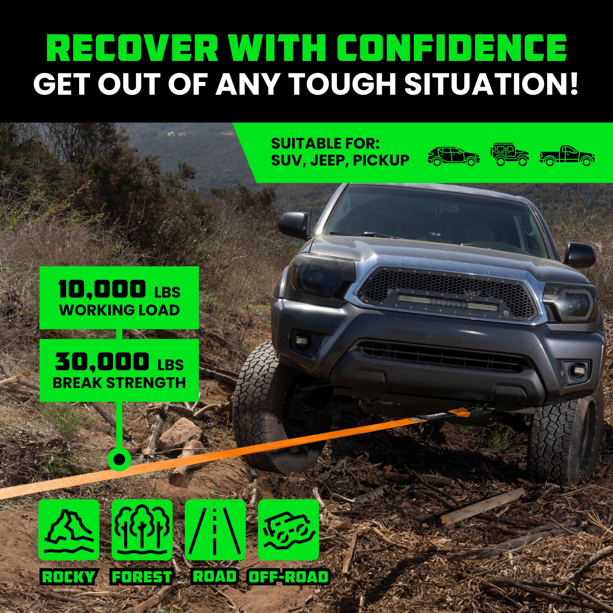 Rhino Usa Recovery Tow Strap (3''X20')- 31,518Lb Break Strength- Emergency Recovery Strap Tow Rope For Truck, Utv, Atv & More- H