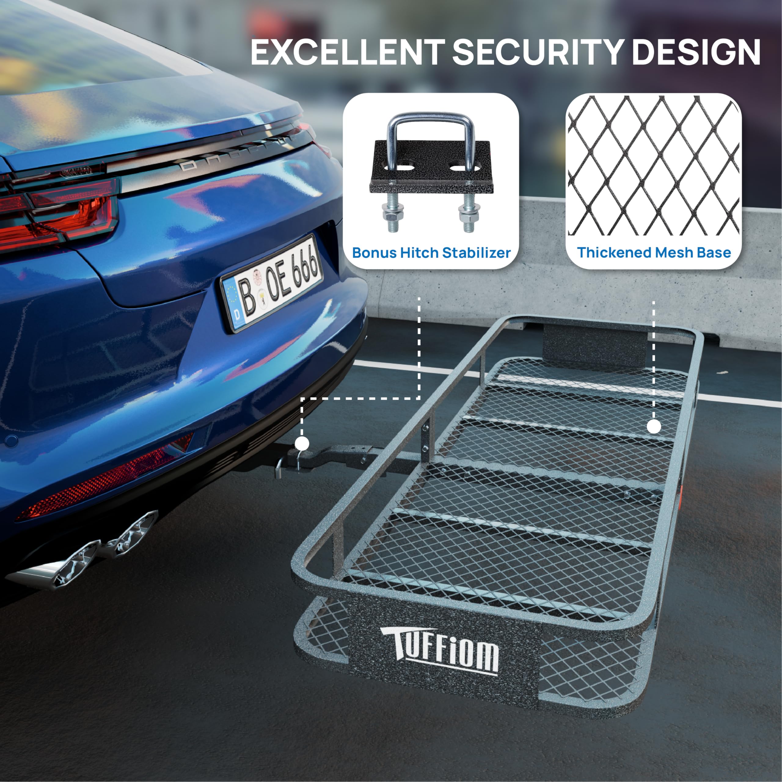 TUFFIOM Folding Hitch Mount Cargo Carrier - 500lbs Steel Luggage Rack, 60"x20"x6", Dark Grey, with Net, Waterproof Bag & Straps