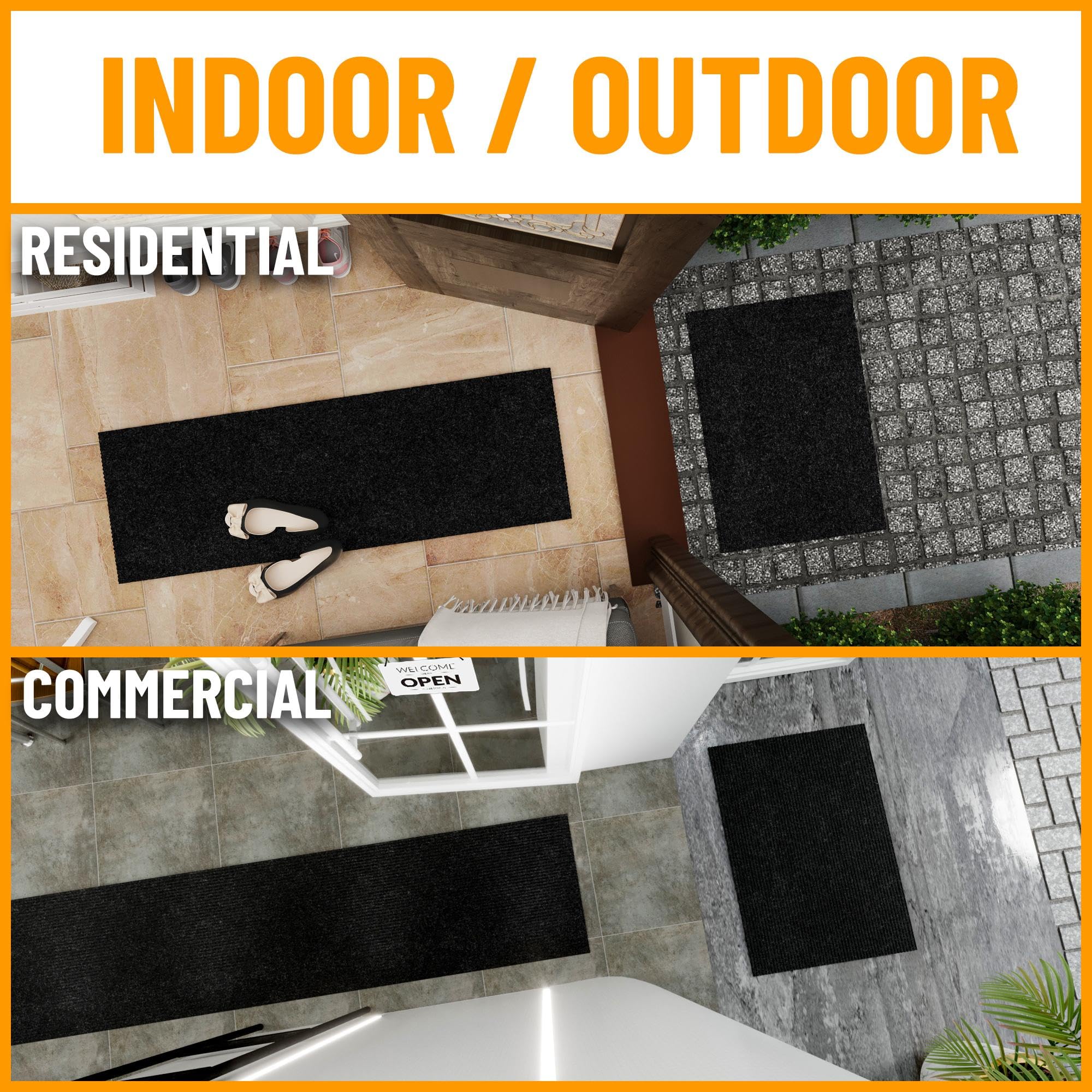 Ottomanson Scrabe Rib Collection Waterproof Non-Slip Rubberback Solid Design 3X10 Indoor/Outdoor Runner Rug, 2'7'' X 9'10'', Bla