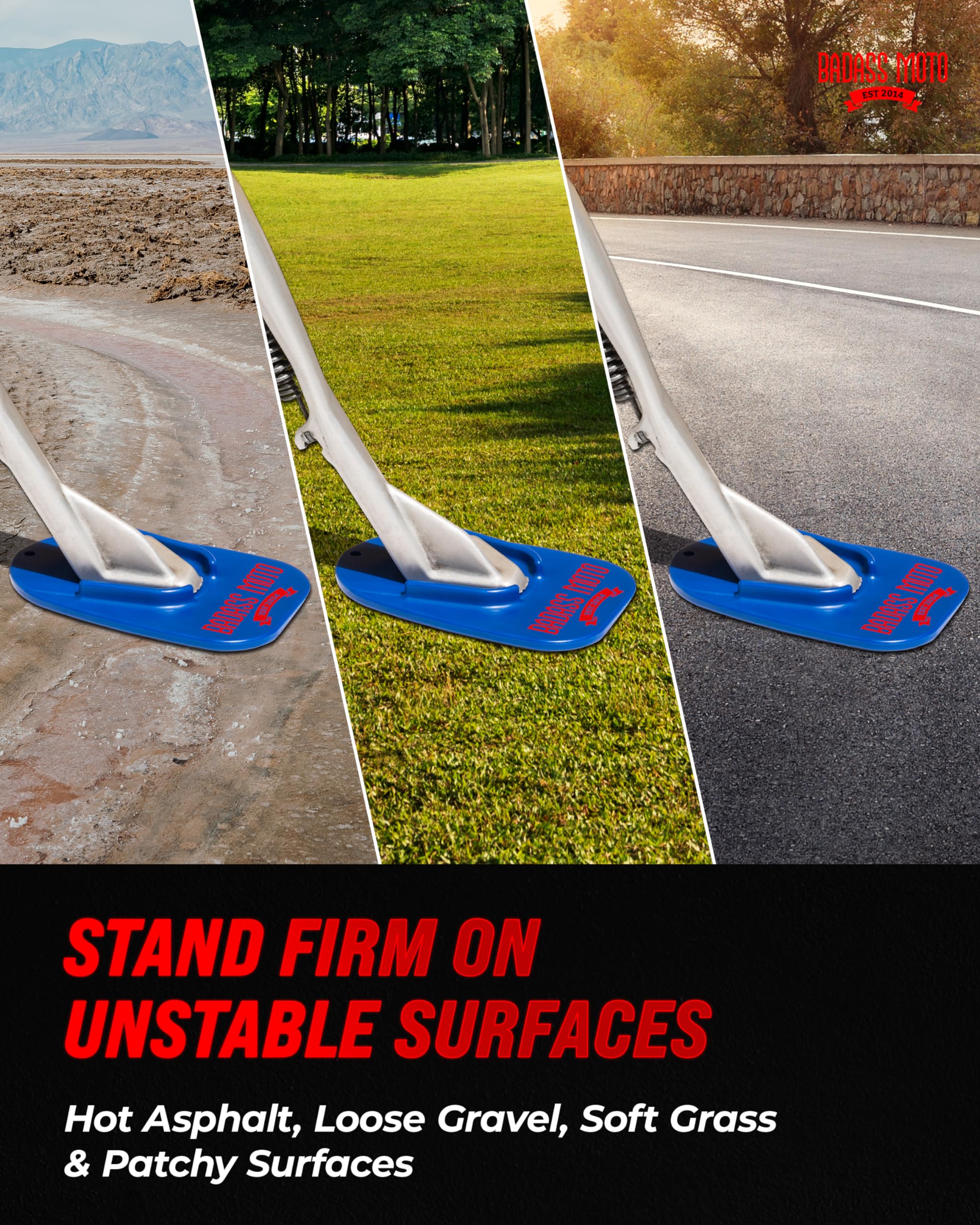 Badass Moto Motorcycle Kickstand Pad, Blue, Rugged, Durable, Made in the USA, Several Colors, Helps You Park Your Bike on Hot Pa