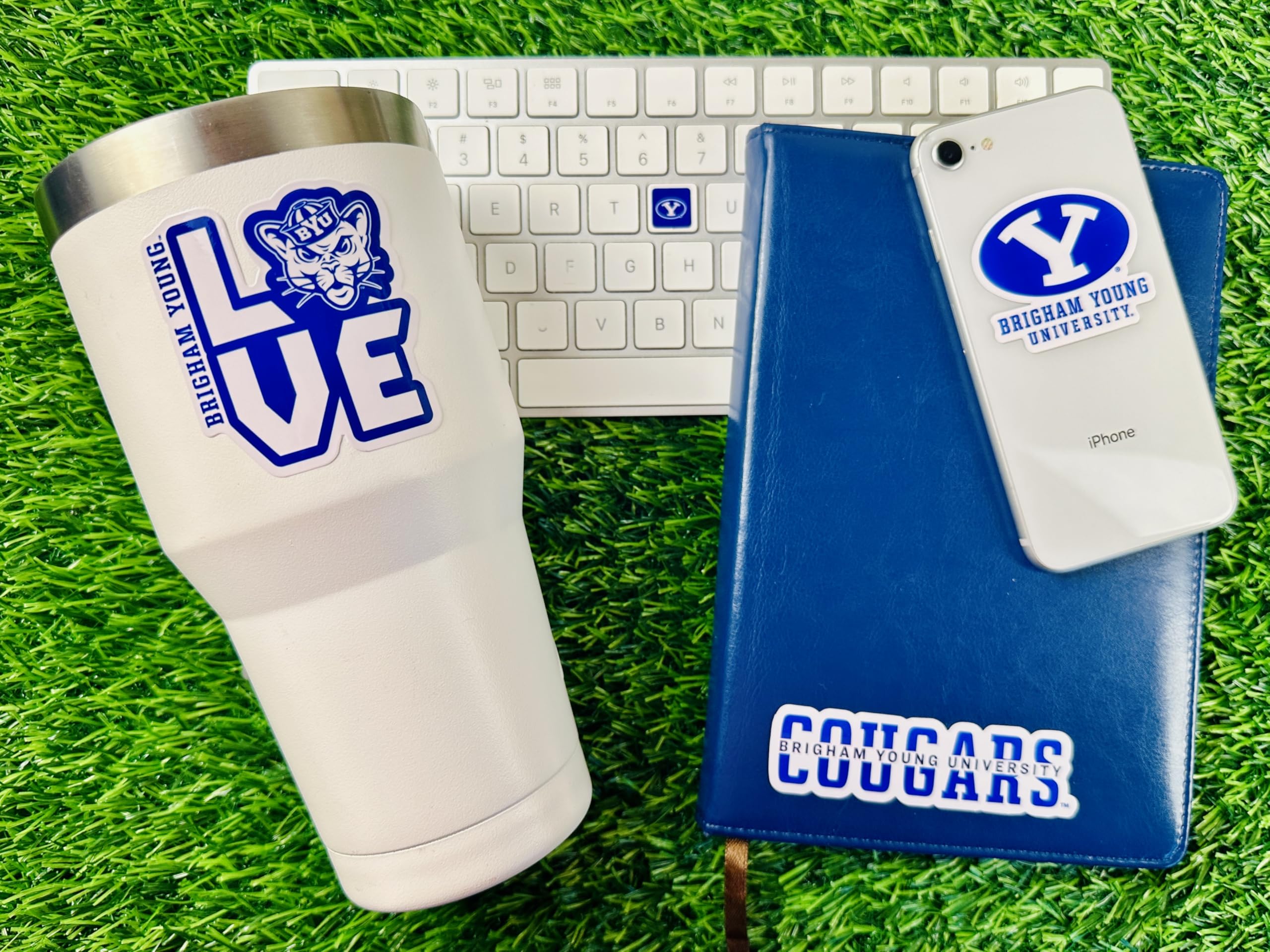 PartyKandy Vinyl BYU Stickers Set - 12 Pack (2) 5" + (10) 2-3" - Team Colors for Gifts, Car, Water Bottle, Laptop,