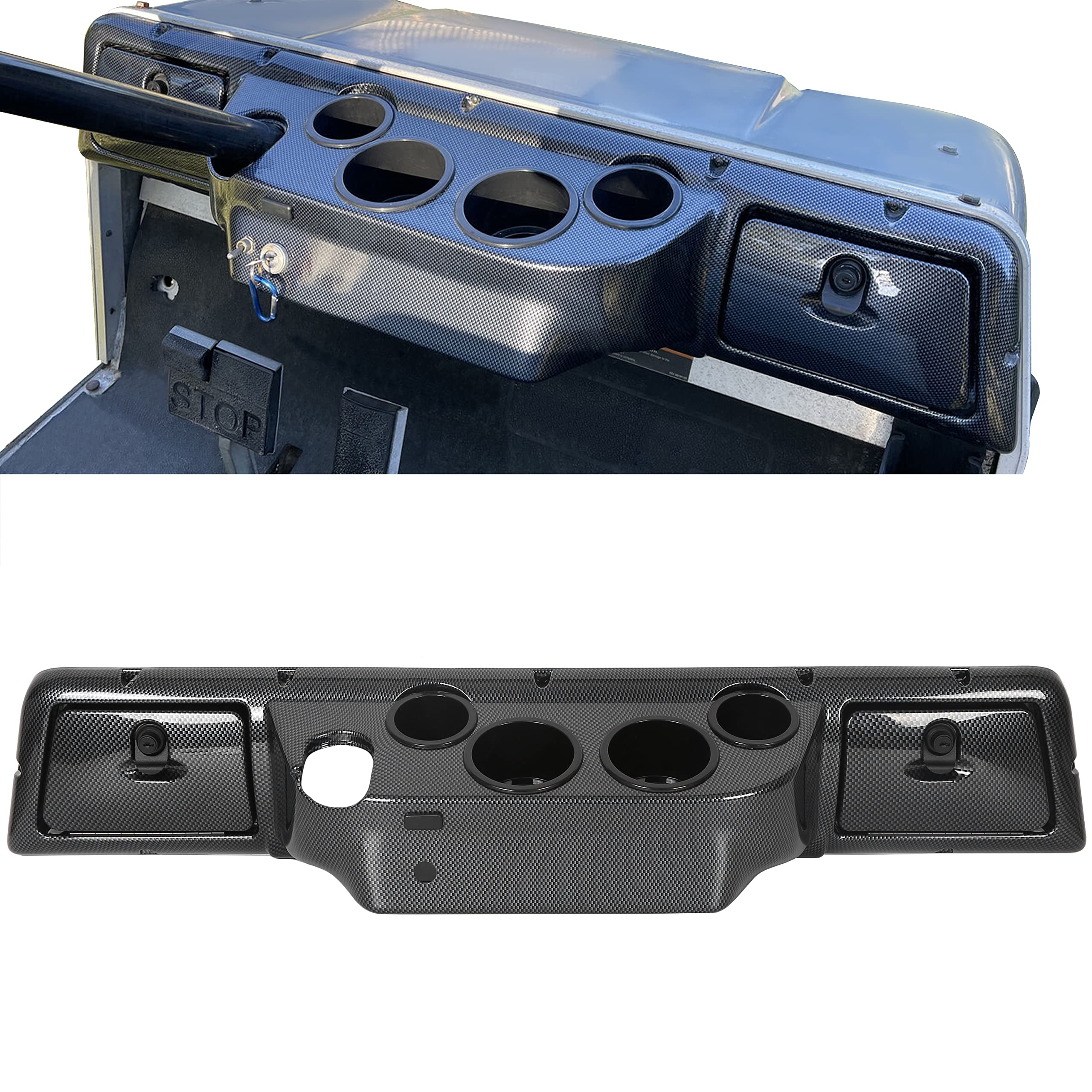 HECASA Dash Board Cover for 1982-Up Club Car DS Golf Cart, Large, Black, Carbon Fiber Style, Model CB-558, 4 Cup Holders