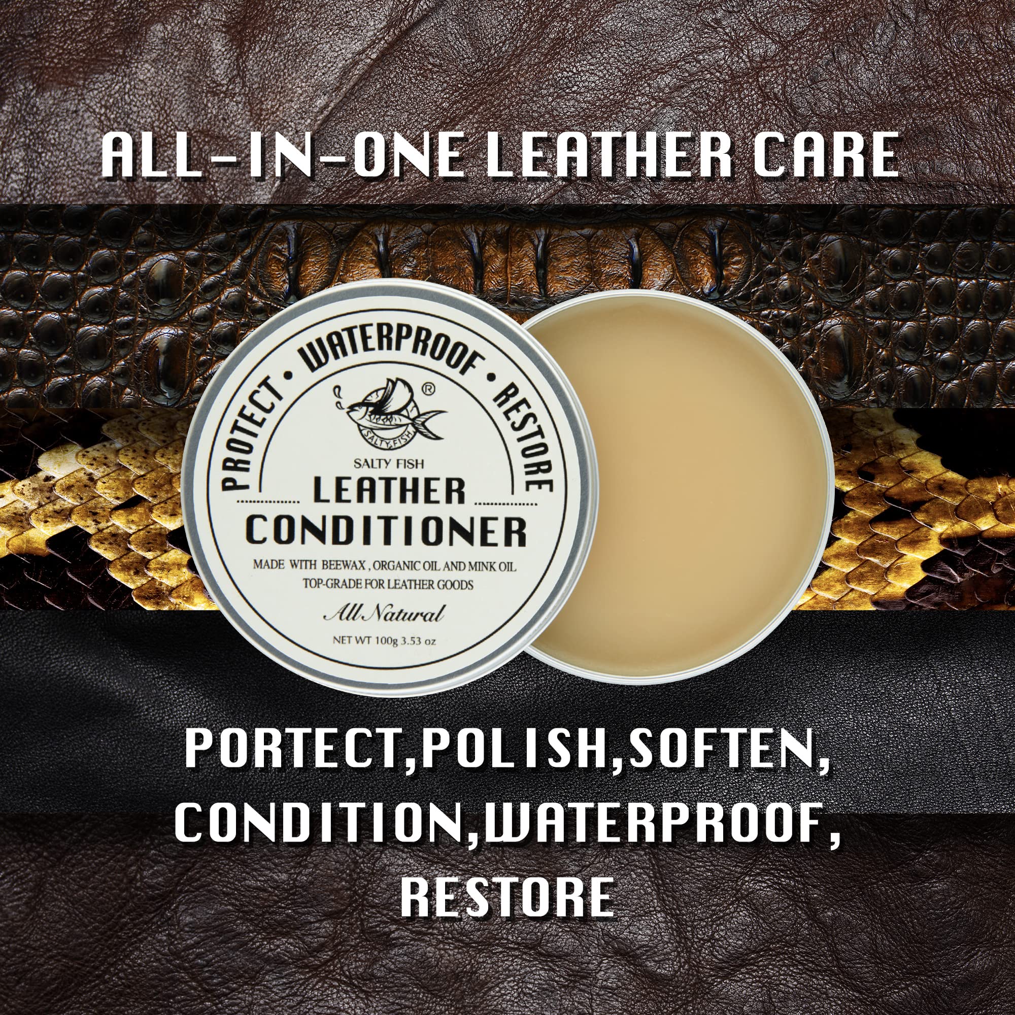 SALTY FISH All-Natural Leather Conditioner & Cleaner - Mink Oil & Beeswax, 3.53 Oz with Sponge, Waterproof, Soften Leather - Yellow