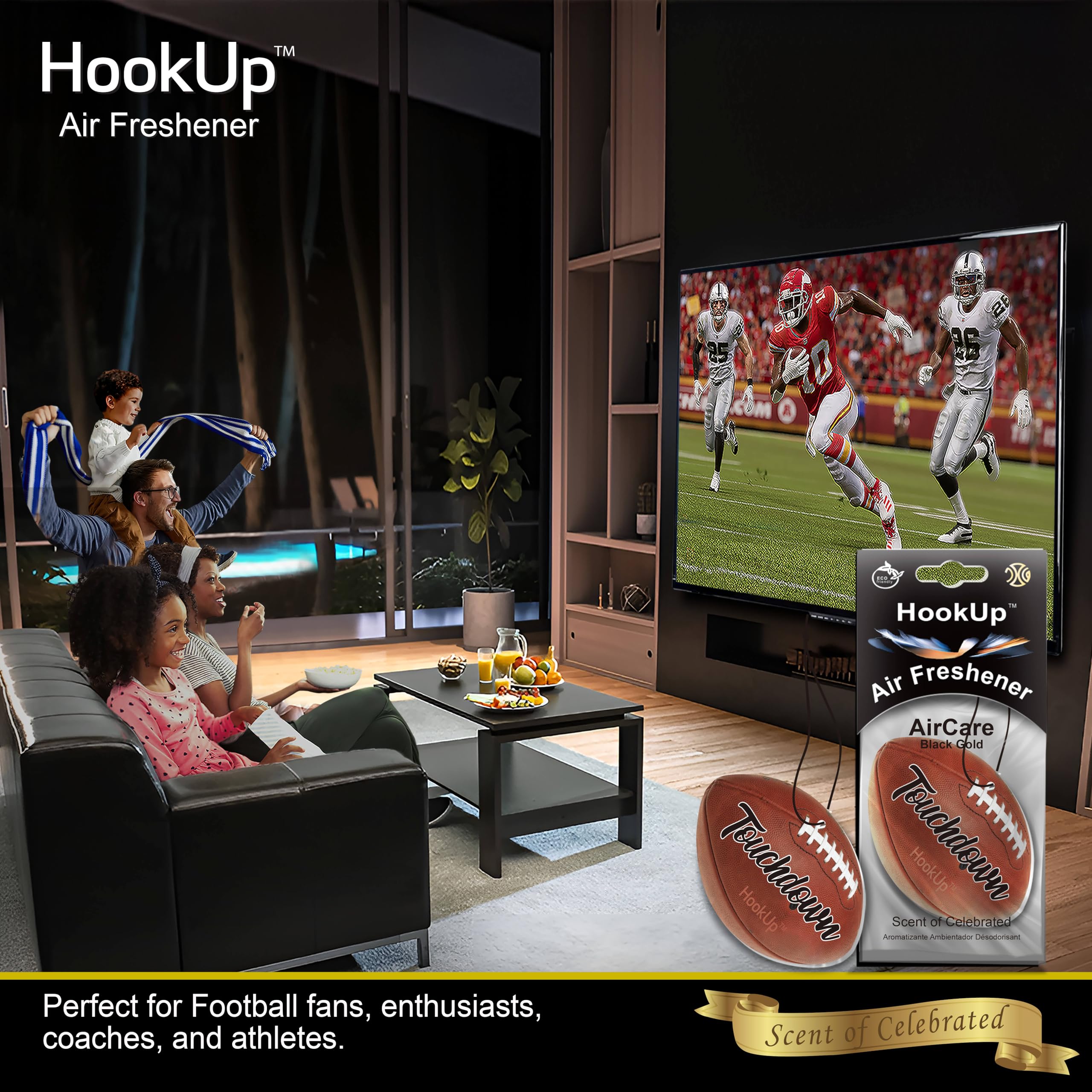 Football Car Air Freshener by HookUp - 10 Pack - Black Gold Scent (Extra Strong) | Unique Football Gift for Players, Coach, Fans