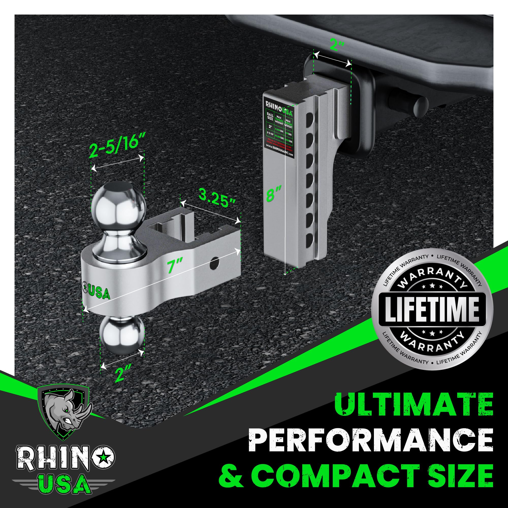 Rhino Usa Adjustable Trailer Hitch (Fits 2-Inch Receiver) - Heavy Duty Aluminum Tow Hitches With 6-Inch Drop/Rise For Truck (12,
