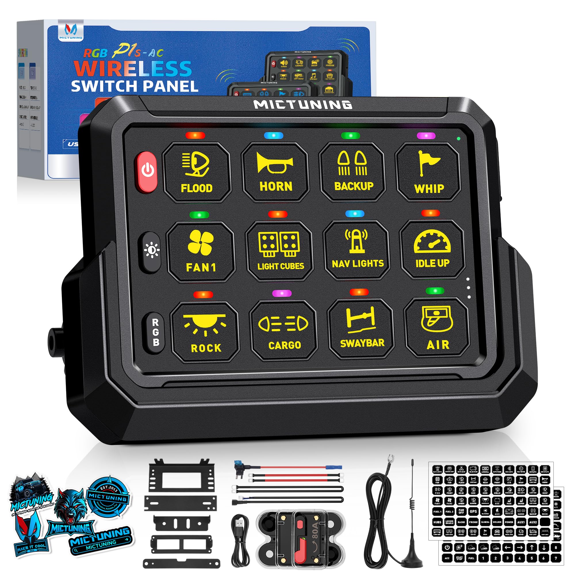 MICTUNING P1s-AC Wireless 12 Gang Switch Panel, Remote Control Range Up to 265FT Plug and Play Multifunction Toggle Momentary St