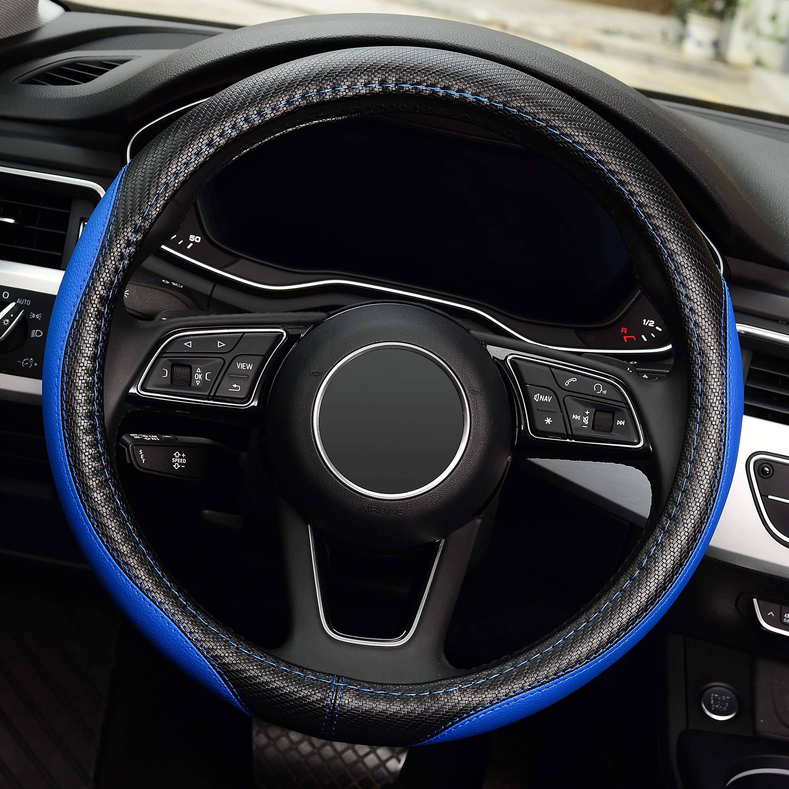 Labbyway Microfiber Leather Auto Car Steering Wheel Cover, Universal Fit 15 Inch Anti-Slip Wheel Protector, Blue