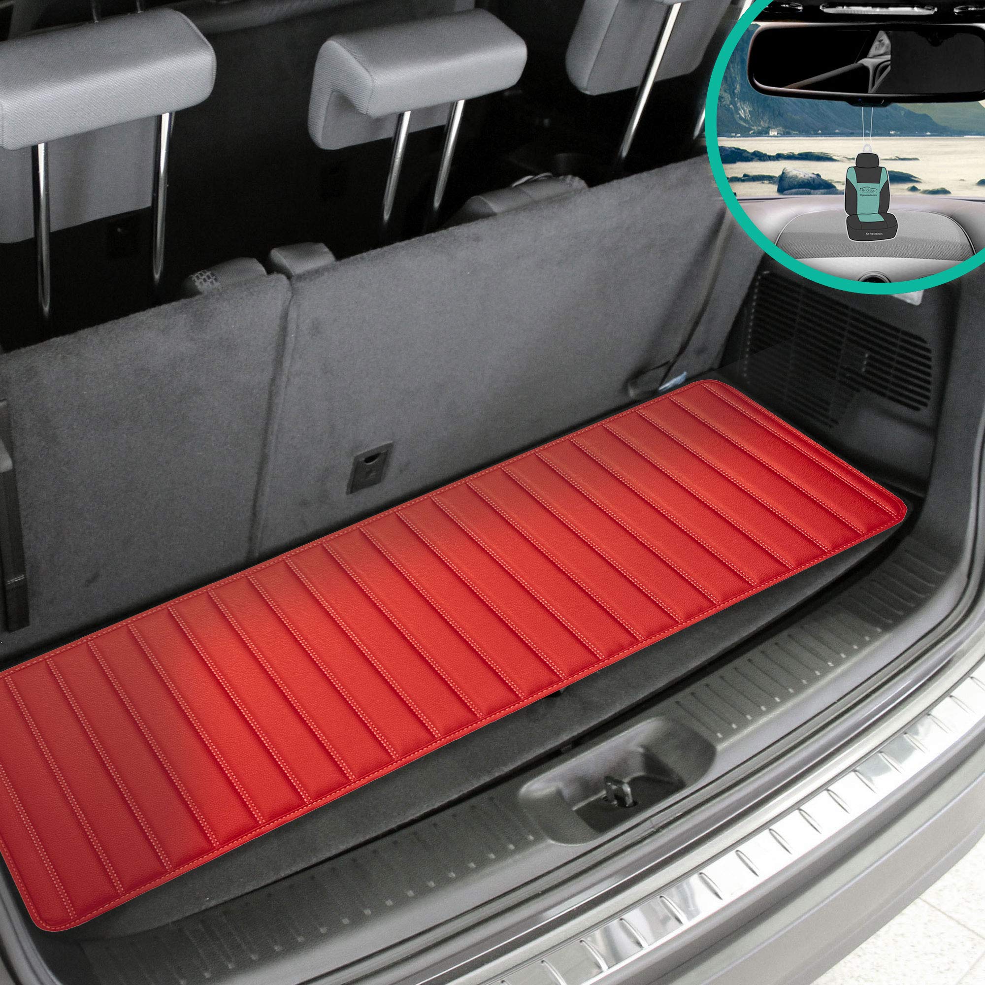 Fh Group F16500 Deluxe Heavy-Duty Faux Leather Multi-Purpose Cargo Liner, Striped, 14   , Red Color W. Gift- Fit Most Car, Truck